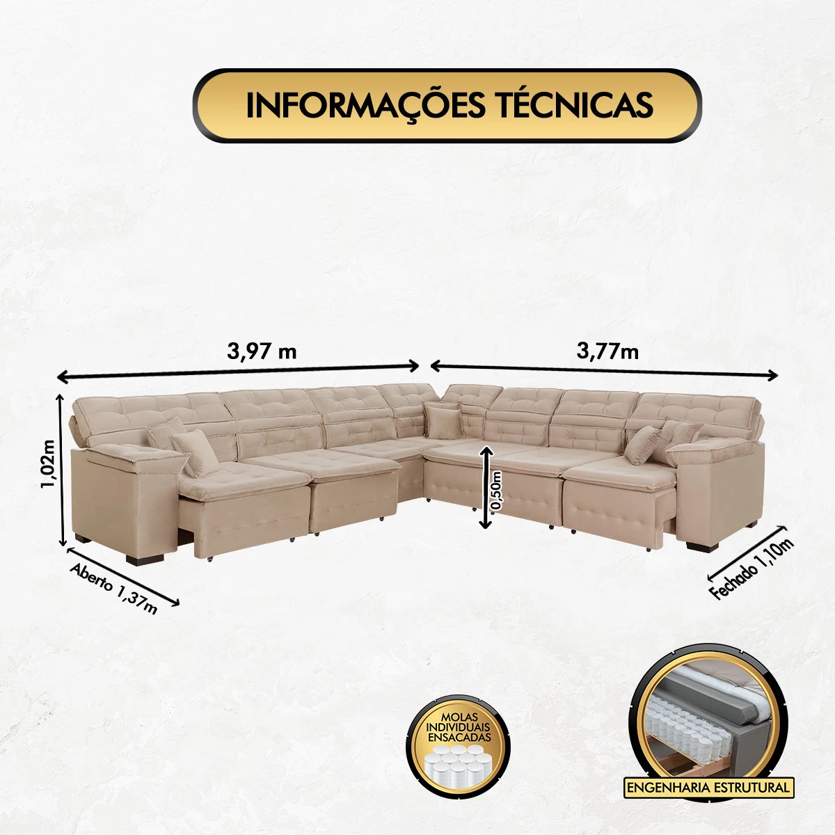 Sofá Magno 3,97x3,77m de Canto, Retrátil e Reclinável