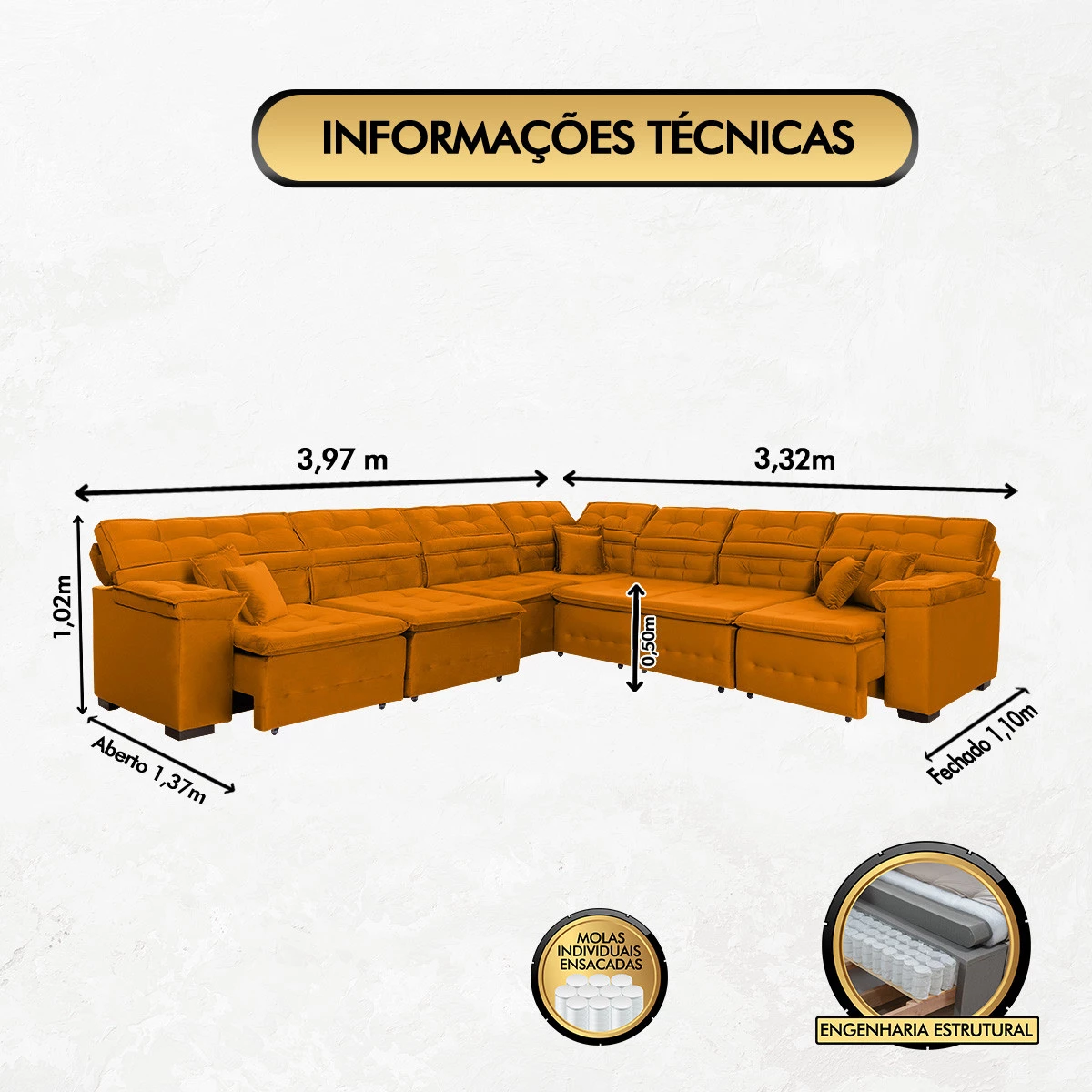 Sofá Magno 3,97x3,32m de Canto, Retrátil e Reclinável