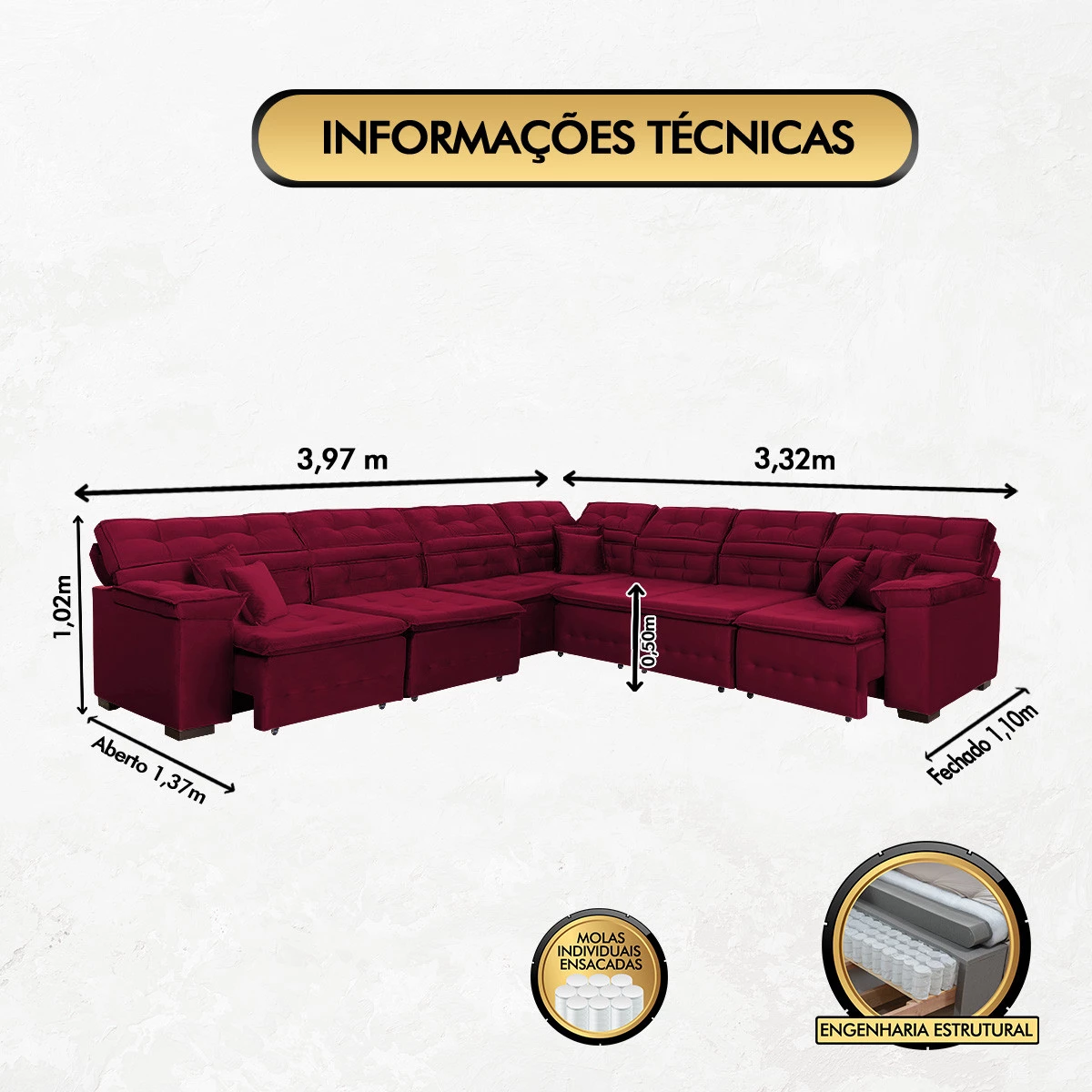 Sofá Magno 3,97x3,32m de Canto, Retrátil e Reclinável - Vinho