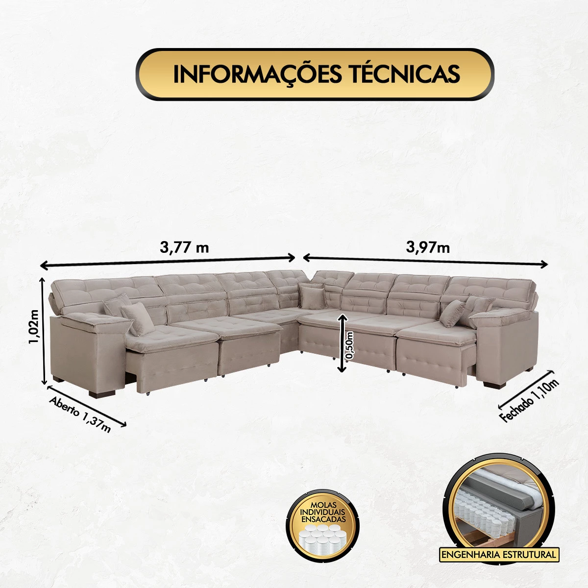 Sofá Magno 3,77x3,97m de Canto, Retrátil e Reclinável - Avelã