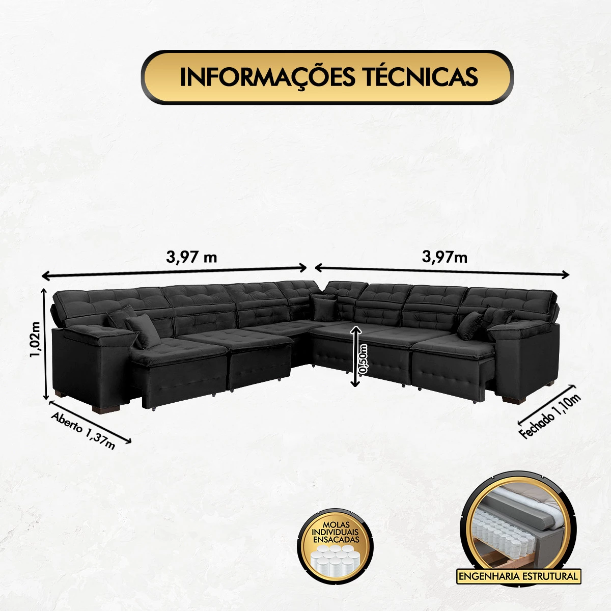 Sofá Magno 3,97x3,97m de Canto, Retrátil e Reclinável