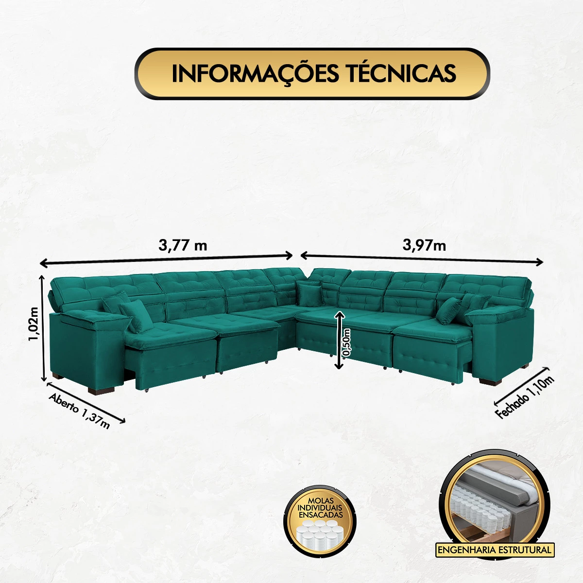Sofá Magno 3,77x3,97m de Canto, Retrátil e Reclinável