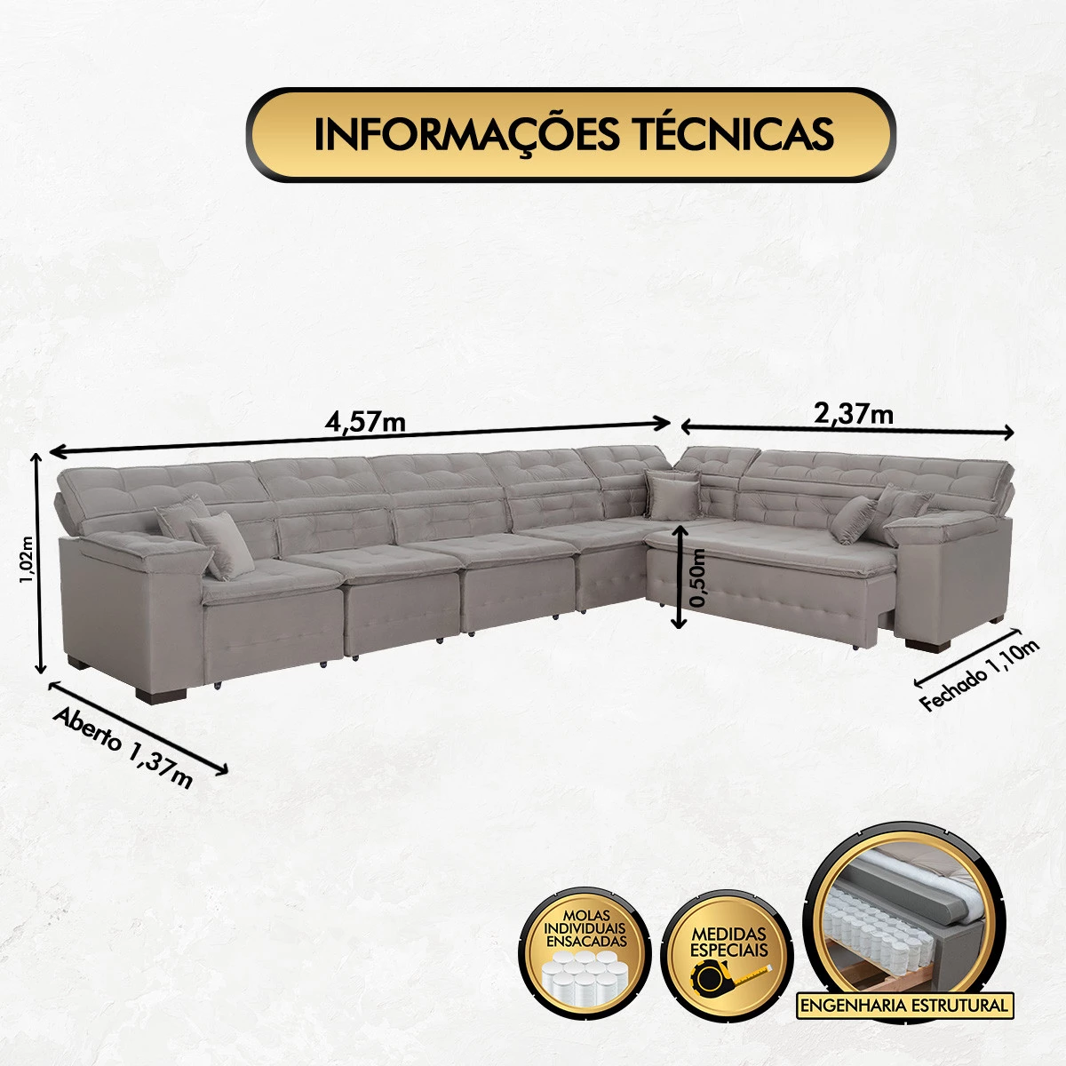 Sofá Magno 4,57x2,37m de Canto, Retrátil e Reclinável