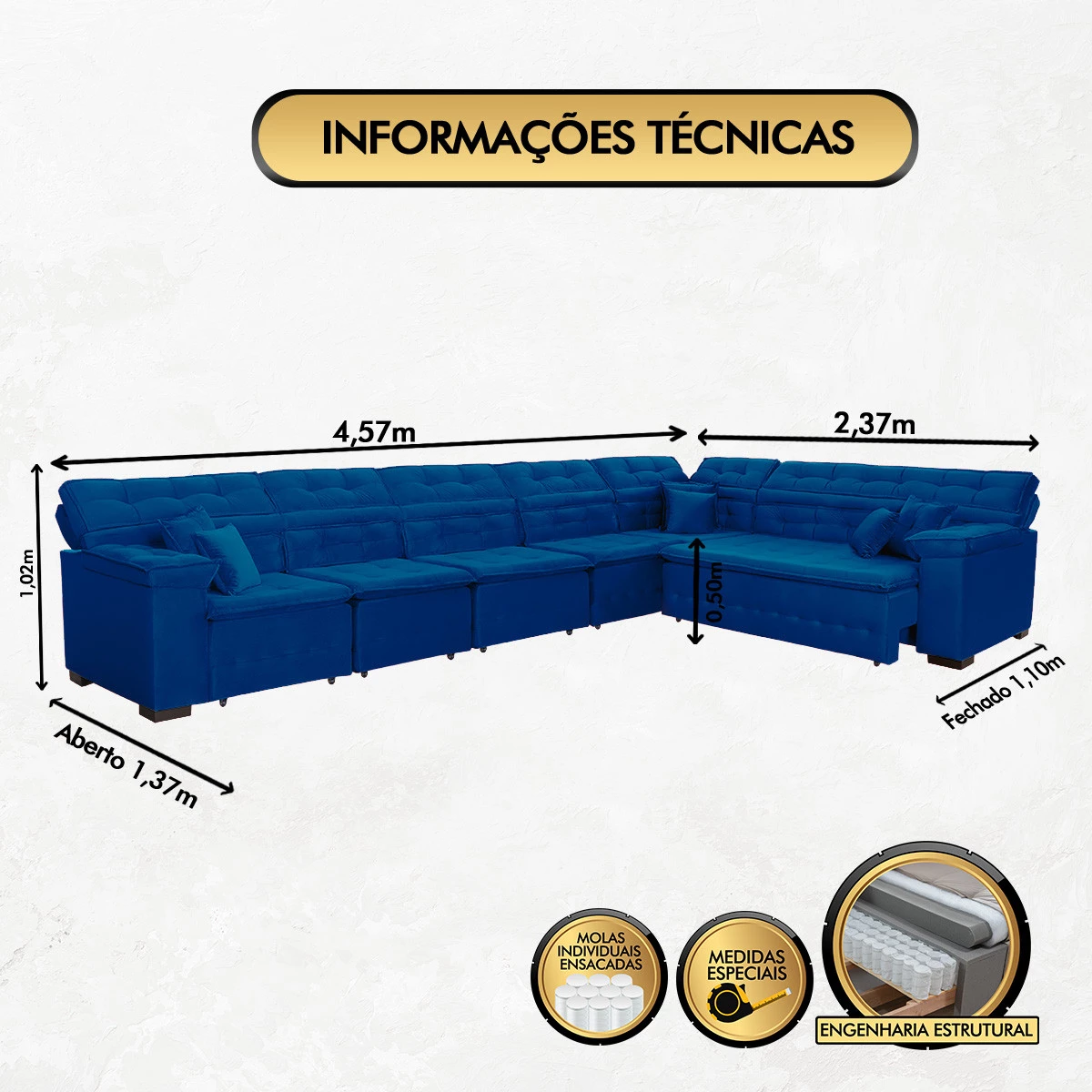 Sofá Magno 4,57x2,37m de Canto, Retrátil e Reclinável - Azul