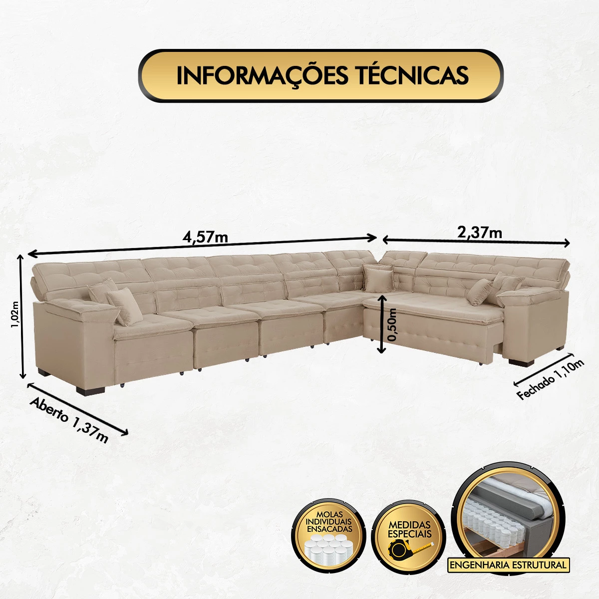 Sofá Magno 4,57x2,37m de Canto, Retrátil e Reclinável - Bege