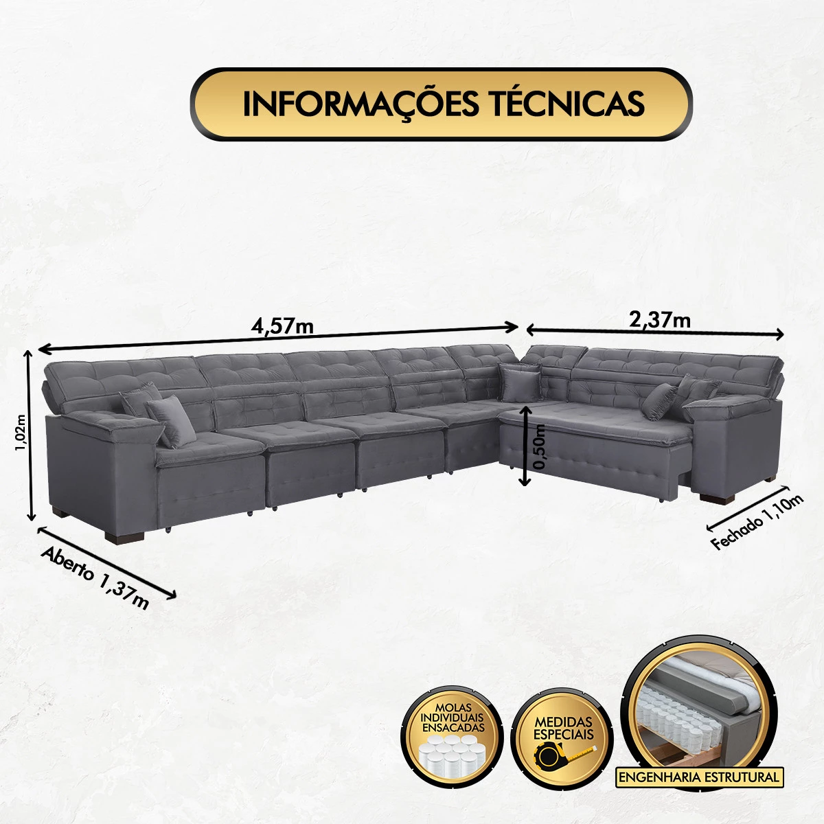 Sofá Magno 4,57x2,37m de Canto, Retrátil e Reclinável - Chumbo