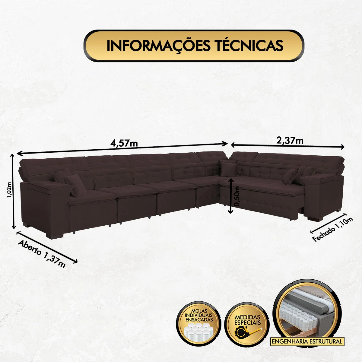 Sofá Magno 4,57x2,37m de Canto, Retrátil e Reclinável - Marrom