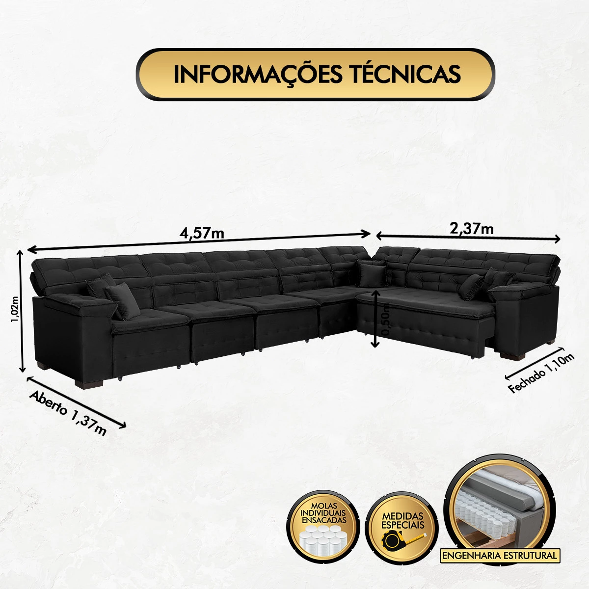 Sofá Magno 4,57x2,37m de Canto, Retrátil e Reclinável - Preto