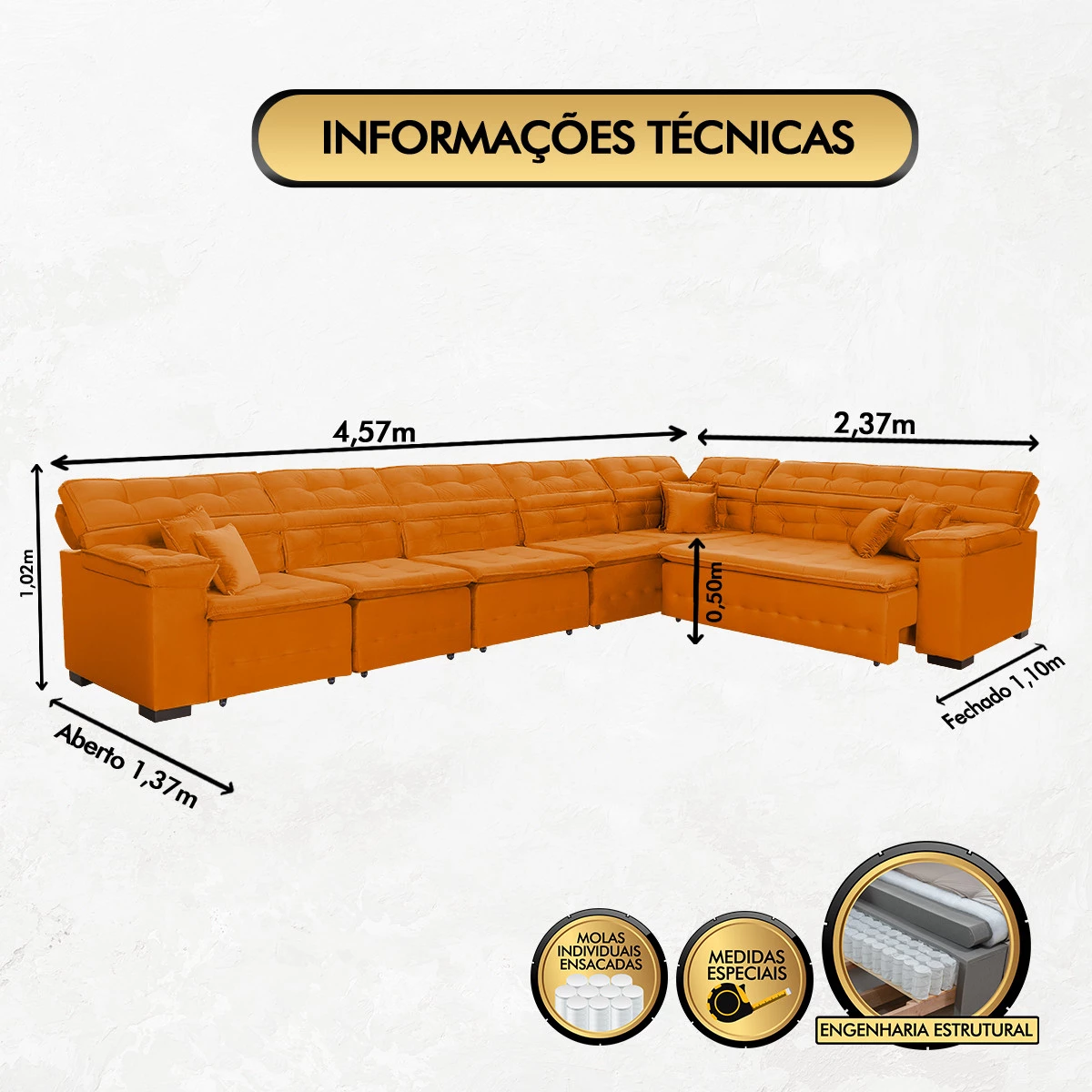 Sofá Magno 4,57x2,37m de Canto, Retrátil e Reclinável - Terra