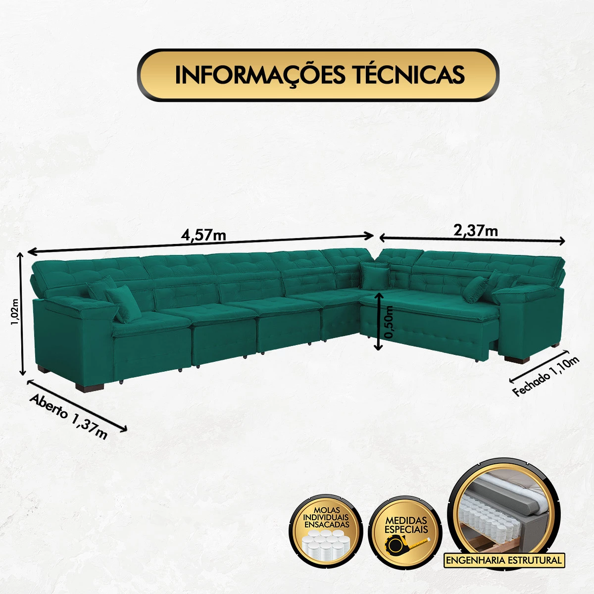 Sofá Magno 4,57x2,37m de Canto, Retrátil e Reclinável - Verde