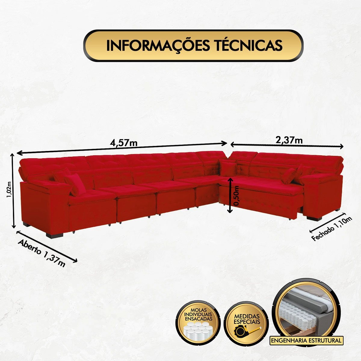 Sofá Magno 4,57x2,37m de Canto, Retrátil e Reclinável - Vermelho