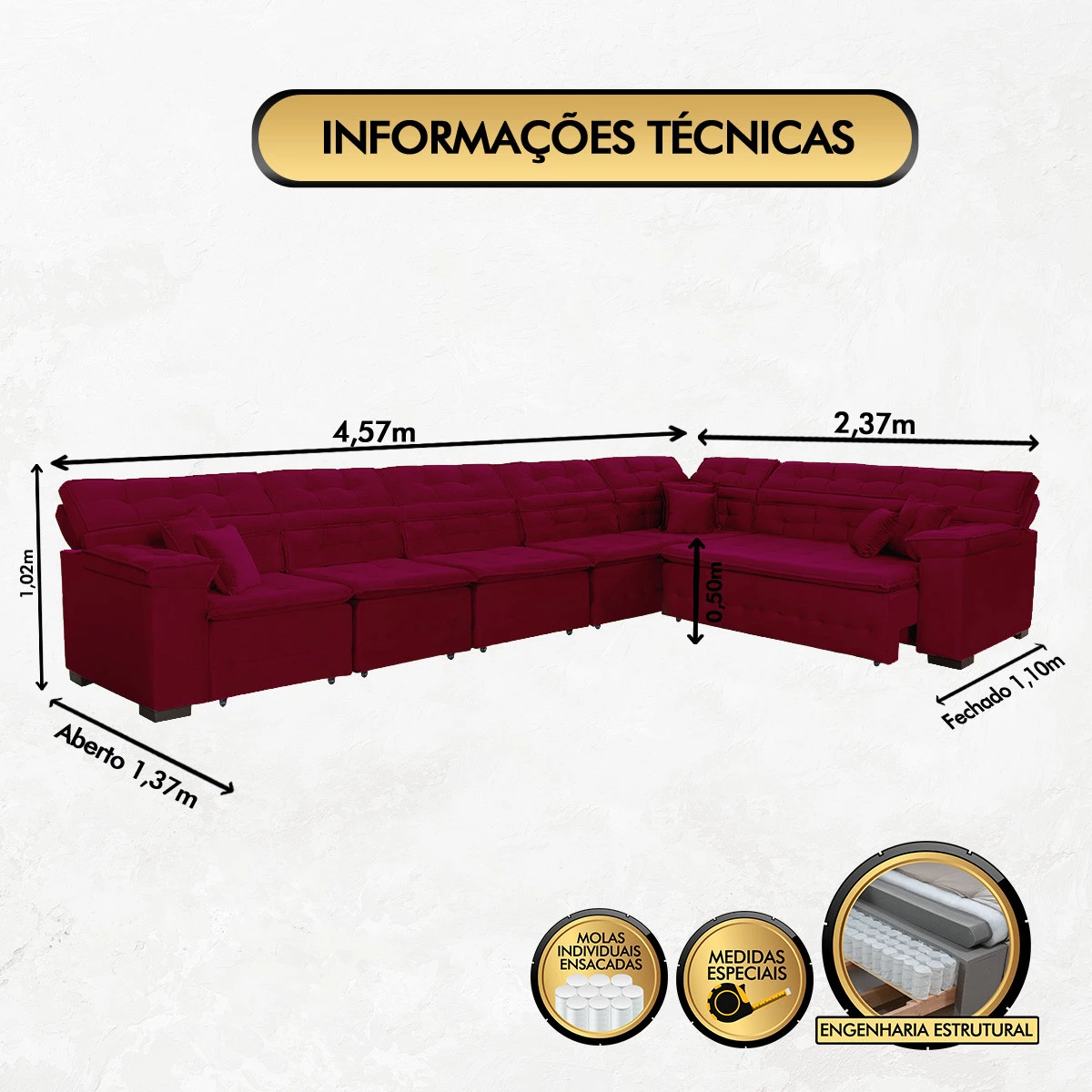 Sofá Magno 4,57x2,37m de Canto, Retrátil e Reclinável - Vinho