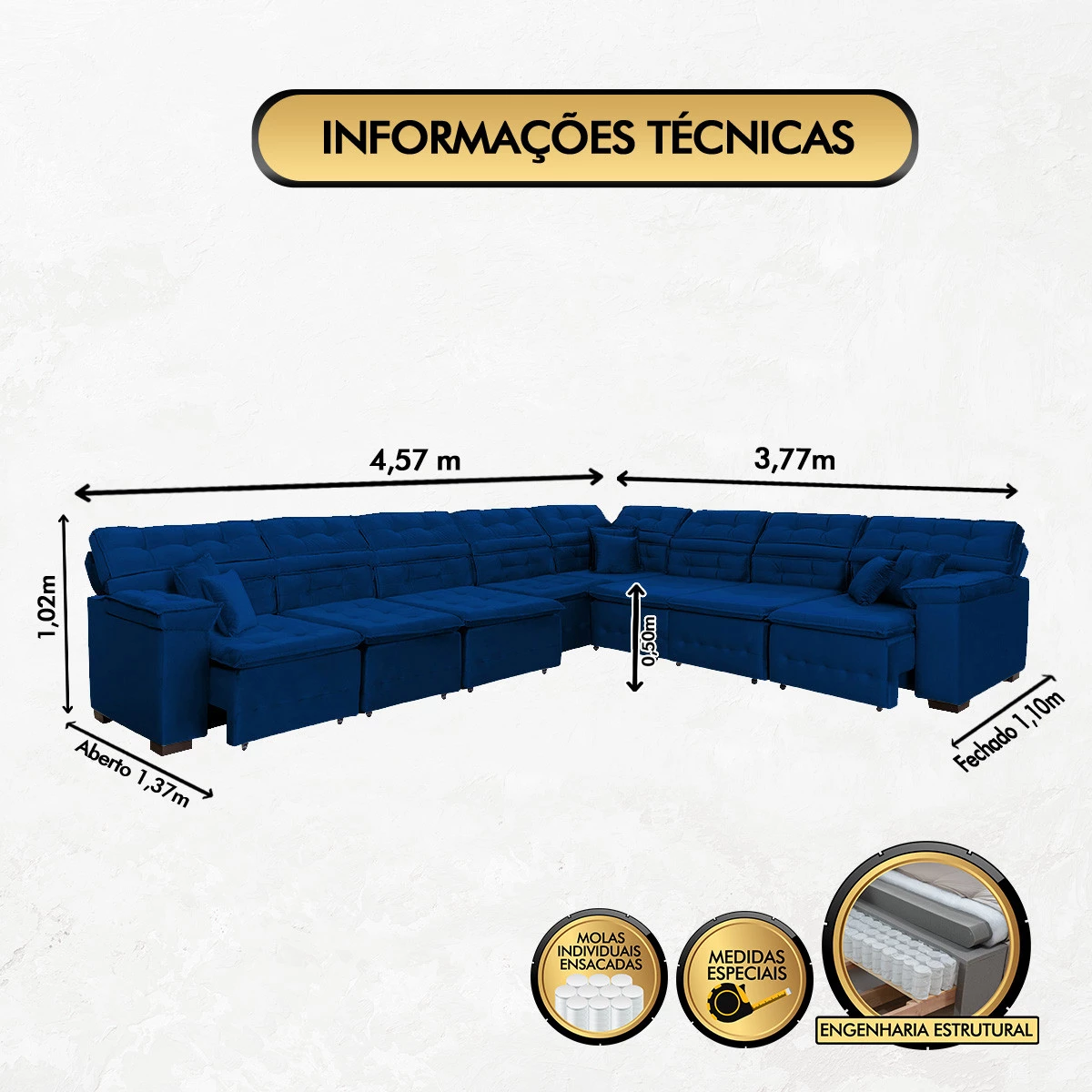 Sofá Magno 4,57x3,77m de Canto, Retrátil e Reclinável
