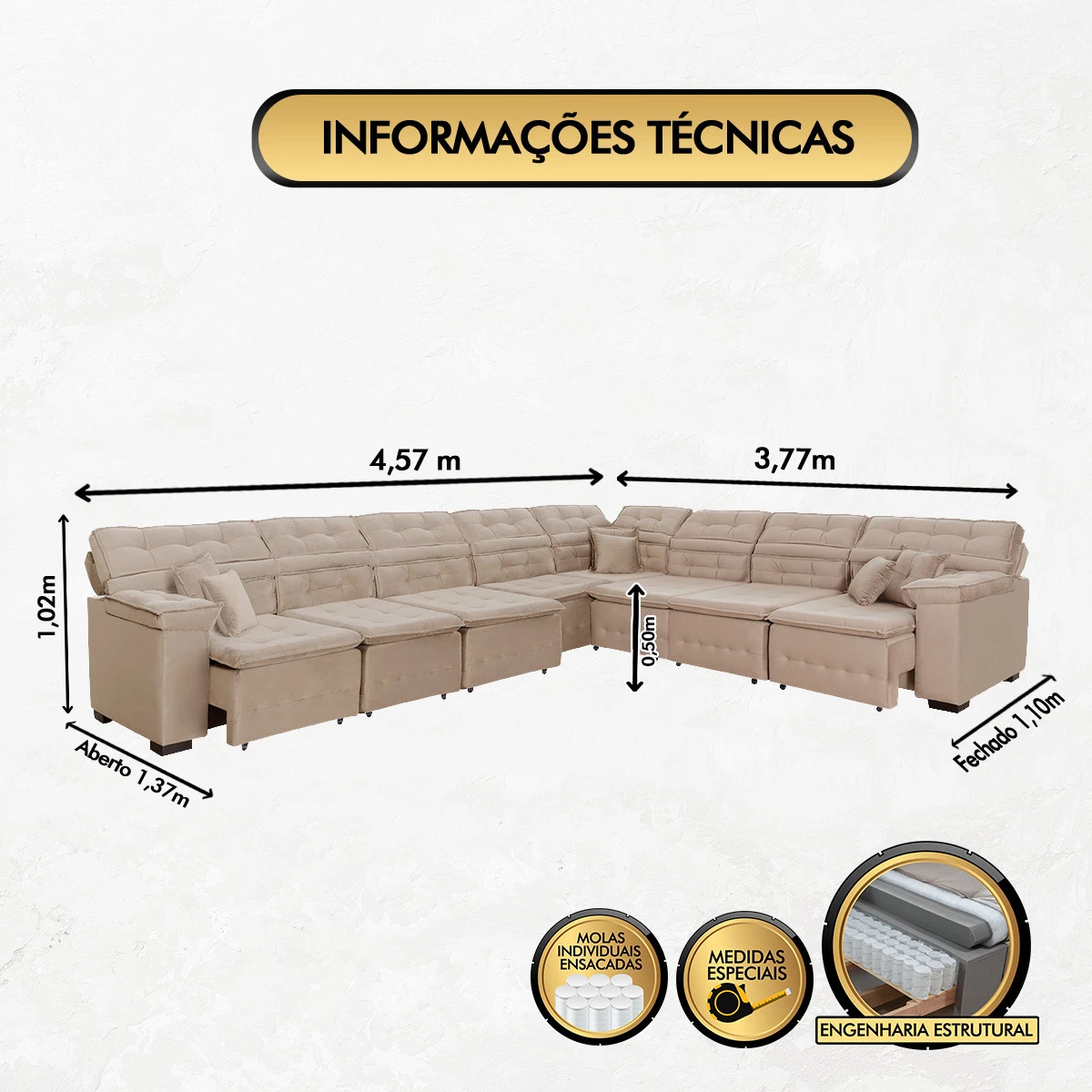 Sofá Magno 4,57x3,77m de Canto, Retrátil e Reclinável - Bege