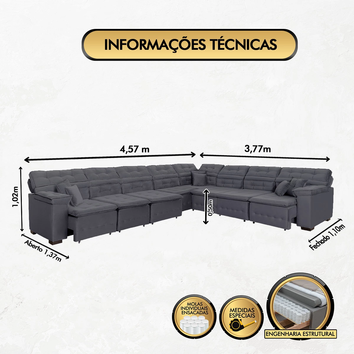 Sofá Magno 4,57x3,77m de Canto, Retrátil e Reclinável - Chumbo