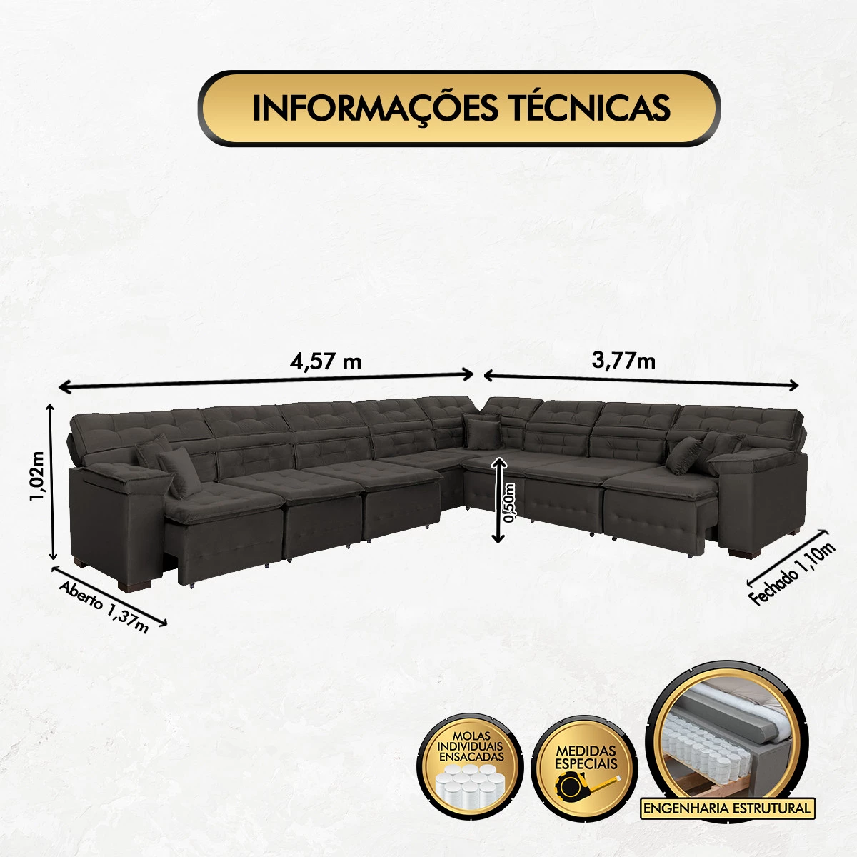 Sofá Magno 4,57x3,77m de Canto, Retrátil e Reclinável - Marrom