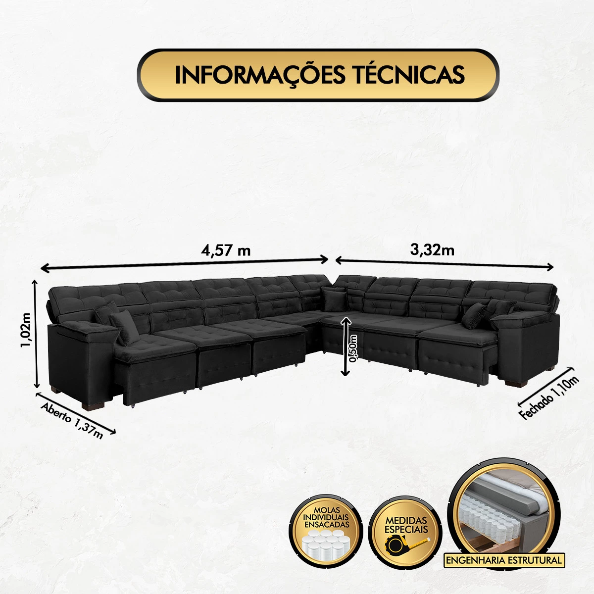 Sofá Magno 4,57x3,32m de Canto, Retrátil e Reclinável