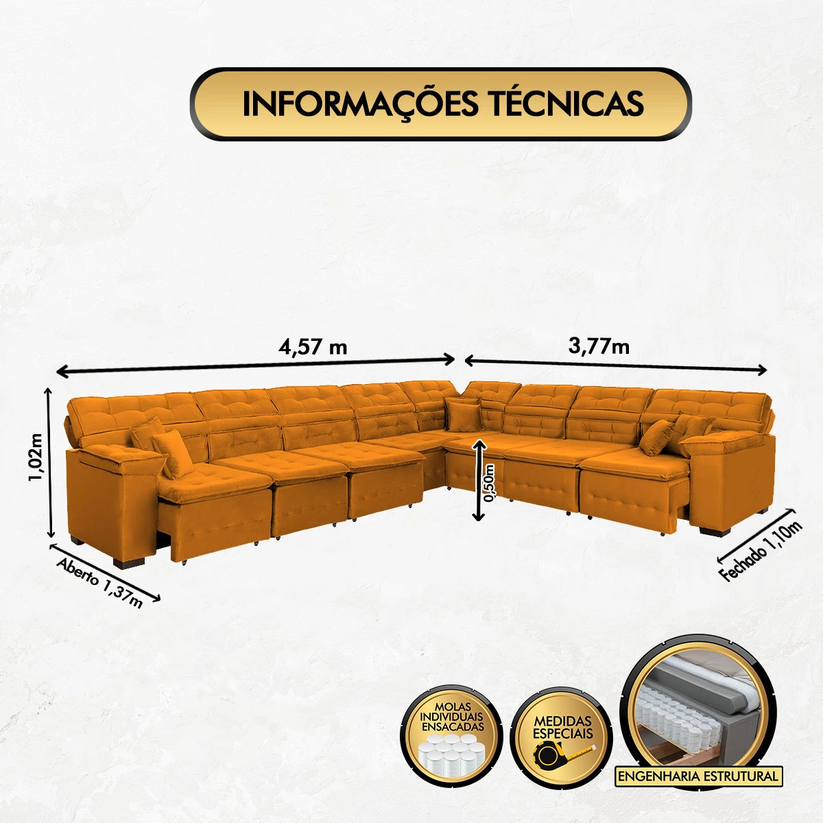Sofá Magno 4,57x3,77m de Canto, Retrátil e Reclinável - Terra