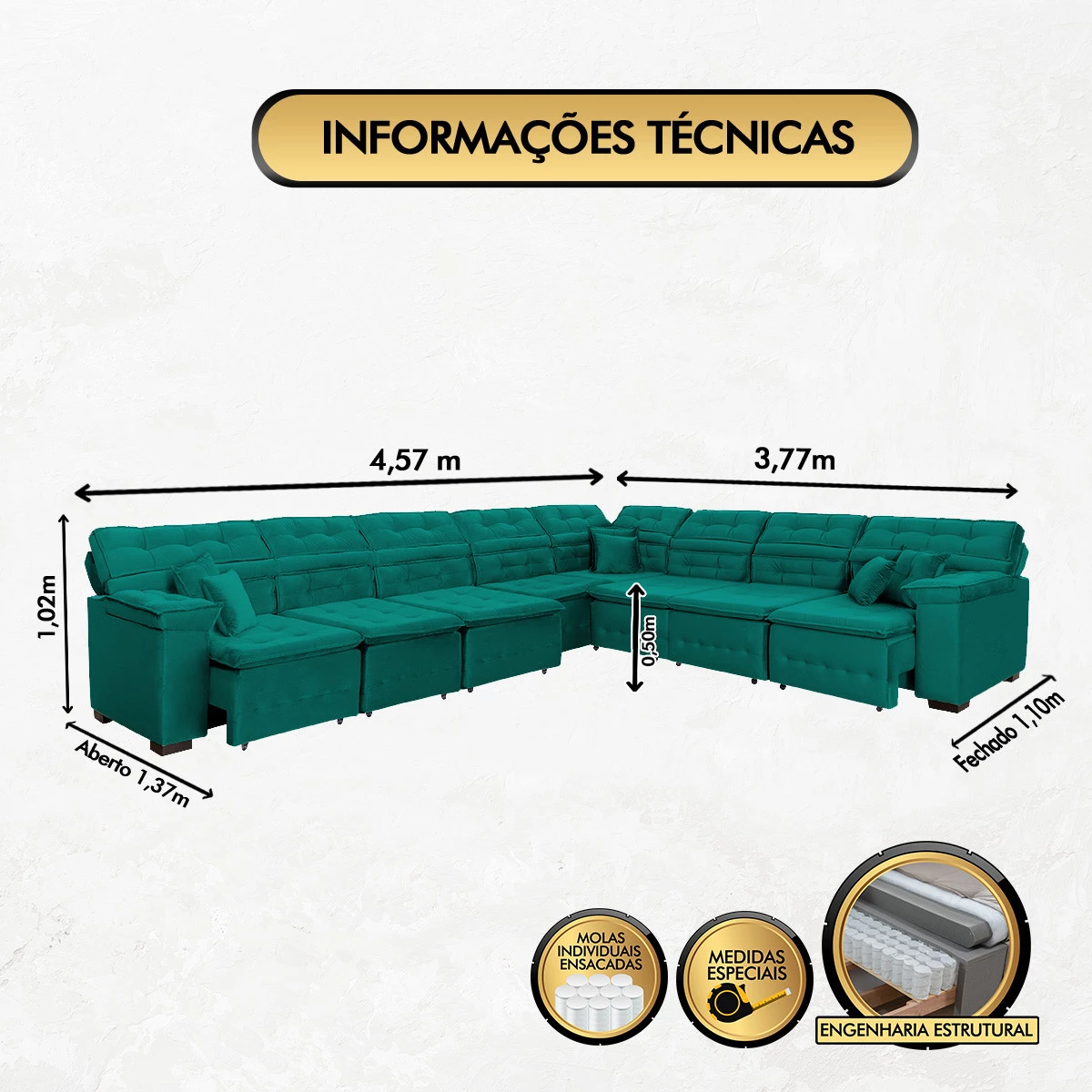 Sofá Magno 4,57x3,77m de Canto, Retrátil e Reclinável - Verde