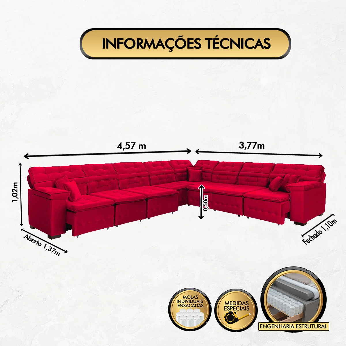 Sofá Magno 4,57x3,77m de Canto, Retrátil e Reclinável - Vermelho