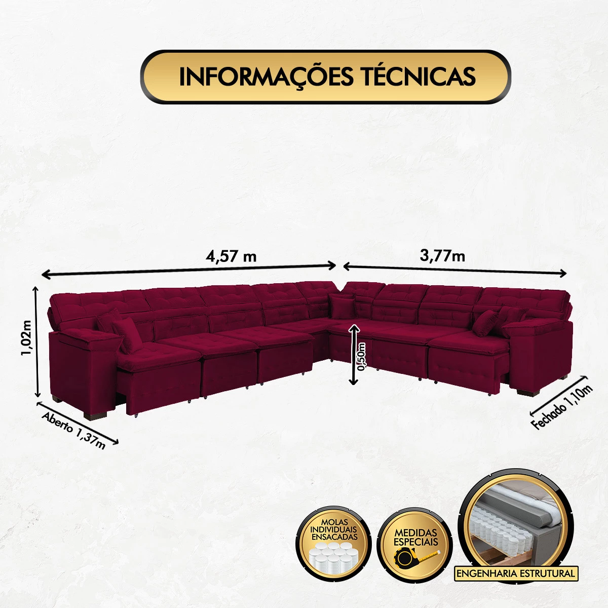 Sofá Magno 4,57x3,77m de Canto, Retrátil e Reclinável - Vinho