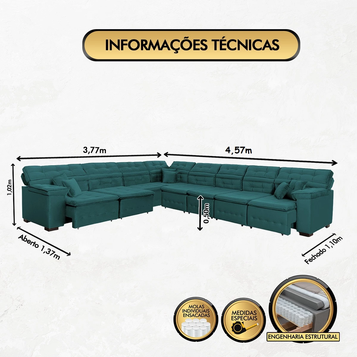 Sofá Magno 3,77x4,57m de Canto, Retrátil e Reclinável - Verde
