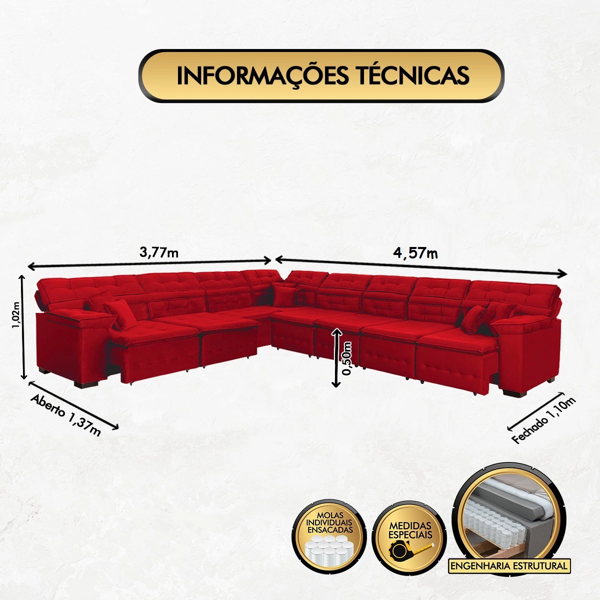 Sofá Magno 3,77x4,57m de Canto, Retrátil e Reclinável - Vermelho