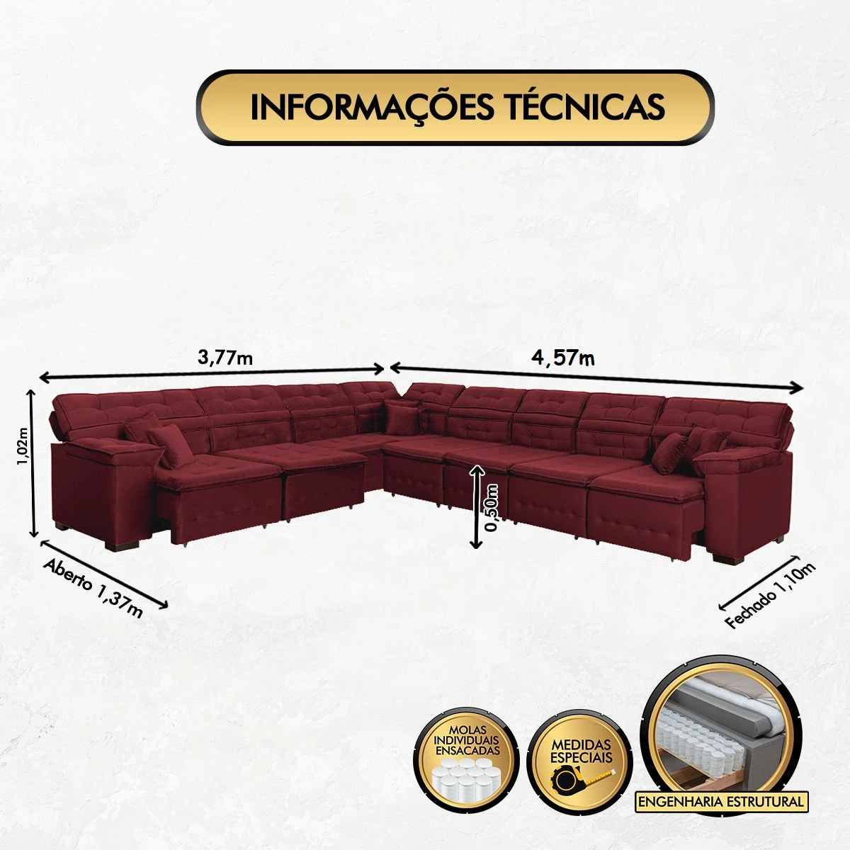 Sofá Magno 3,77x4,57m de Canto, Retrátil e Reclinável - Vinho