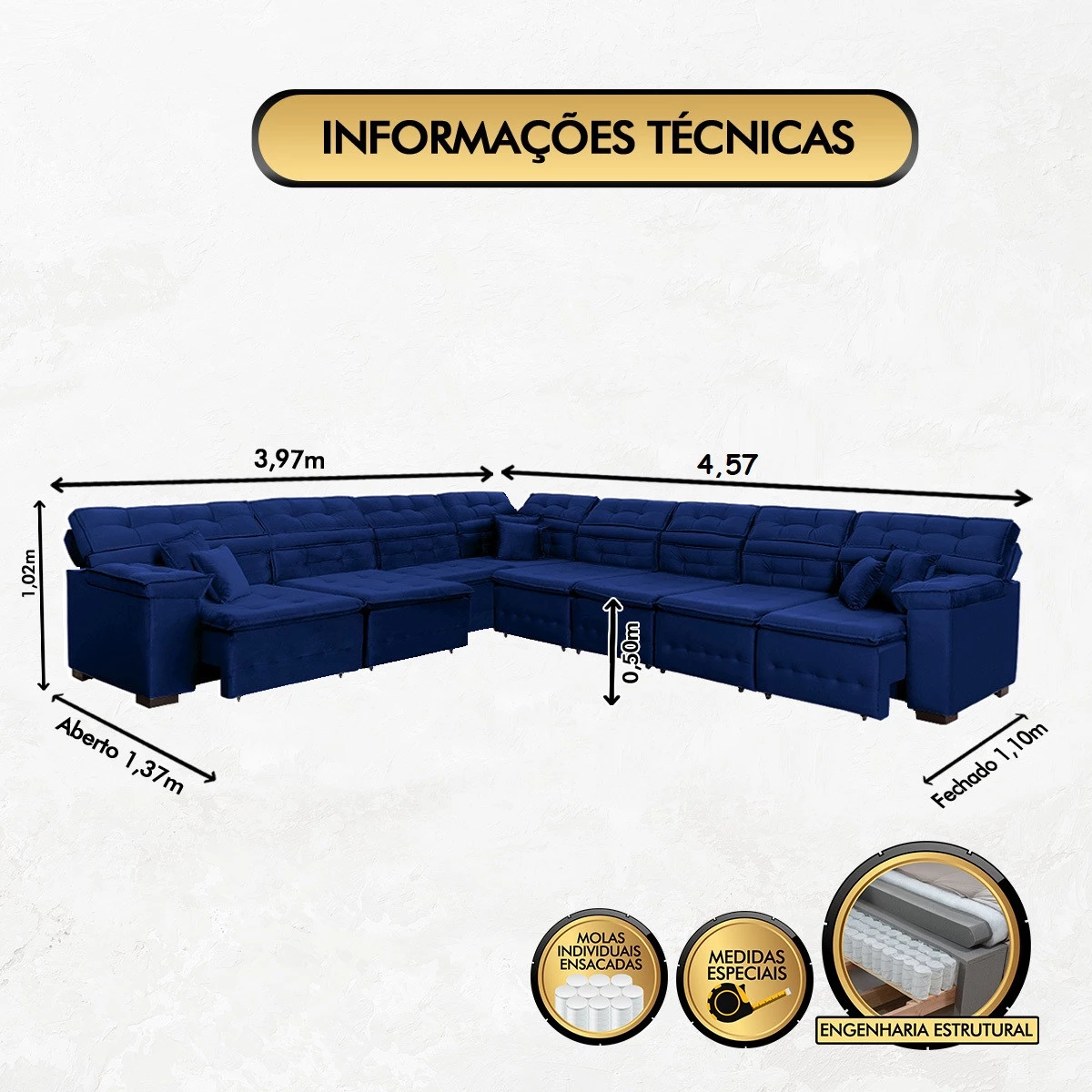 Sofá Magno 3,97x4,57m de Canto, Retrátil e Reclinável - Azul