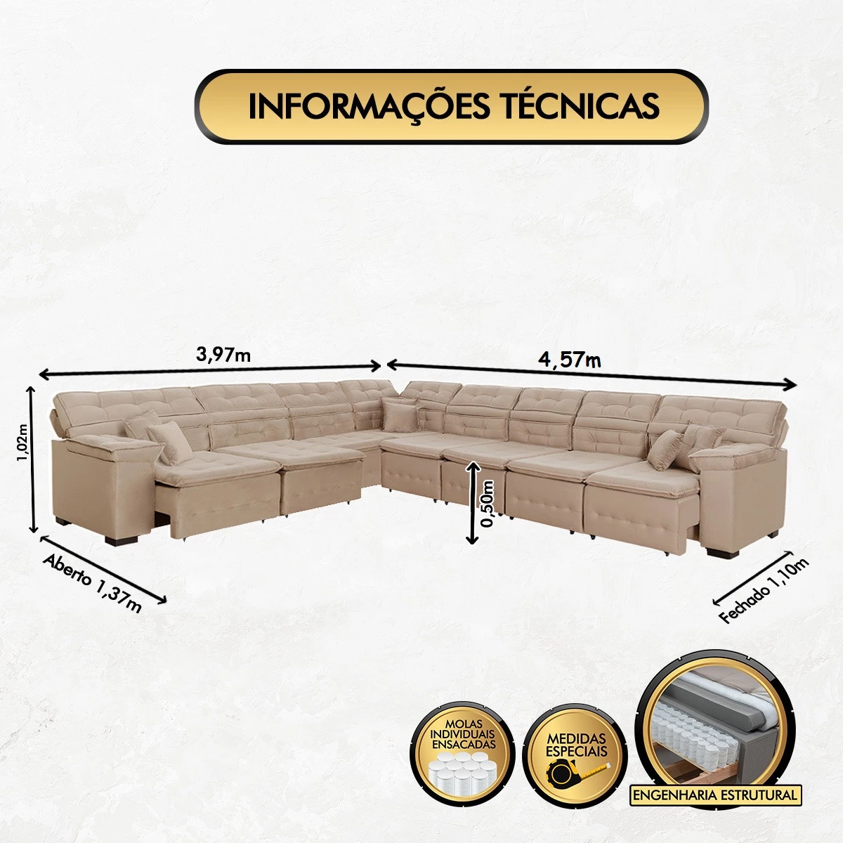 Sofá Magno 3,97x4,57m de Canto, Retrátil e Reclinável - Bege