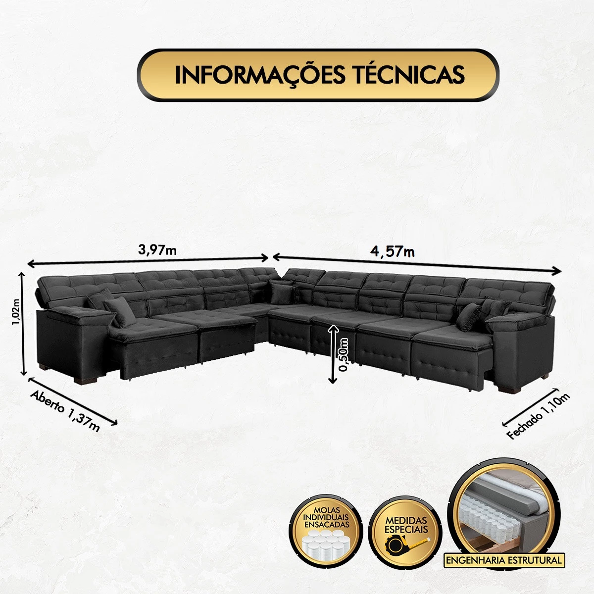 Sofá Magno 3,97x4,57m de Canto, Retrátil e Reclinável - Preto