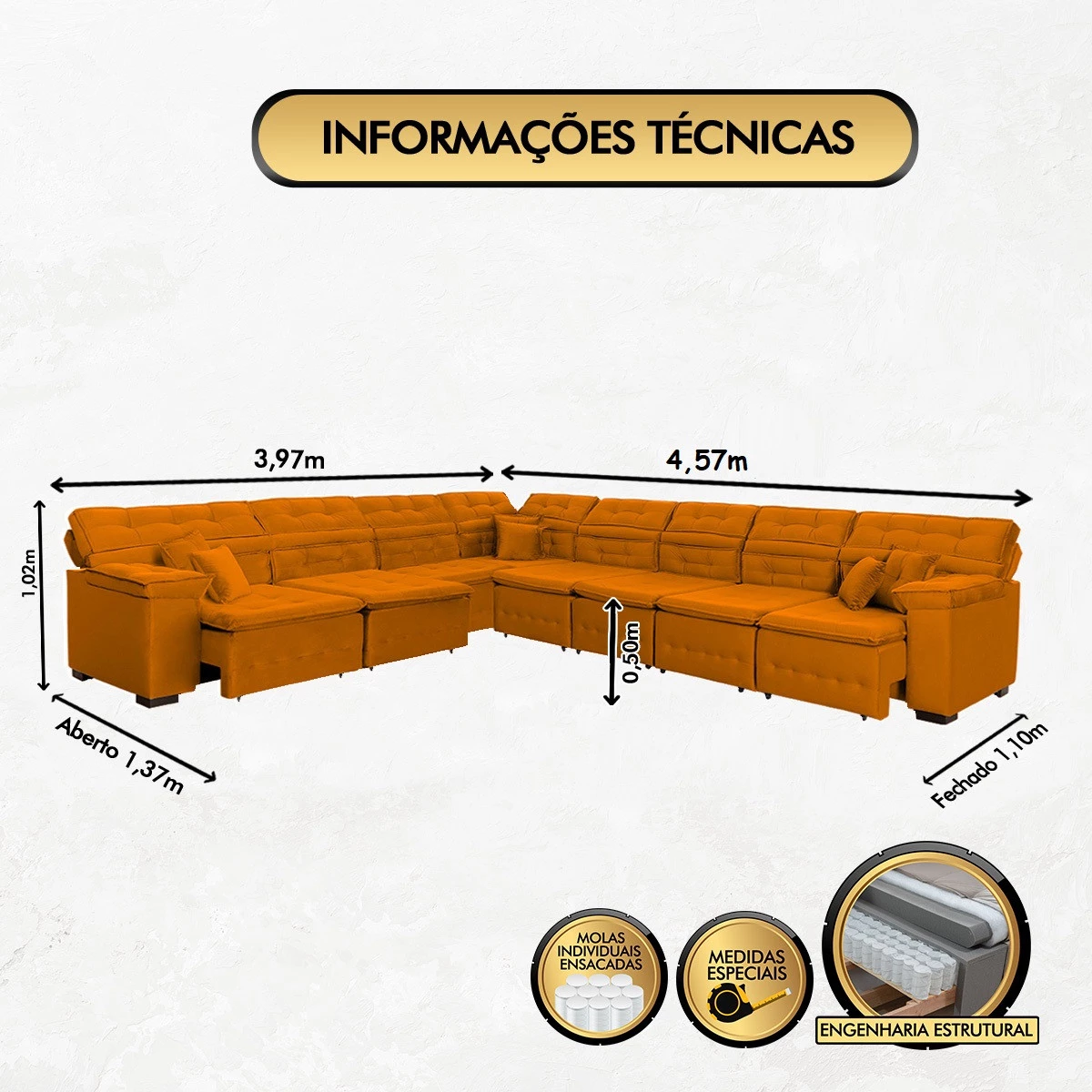 Sofá Magno 3,97x4,57m de Canto, Retrátil e Reclinável - Terra
