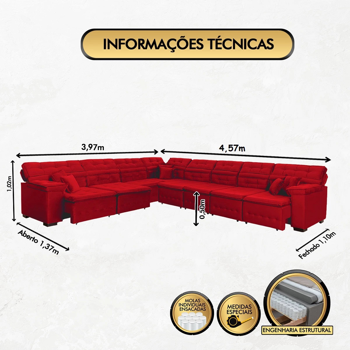 Sofá Magno 3,97x4,57m de Canto, Retrátil e Reclinável - Vermelho