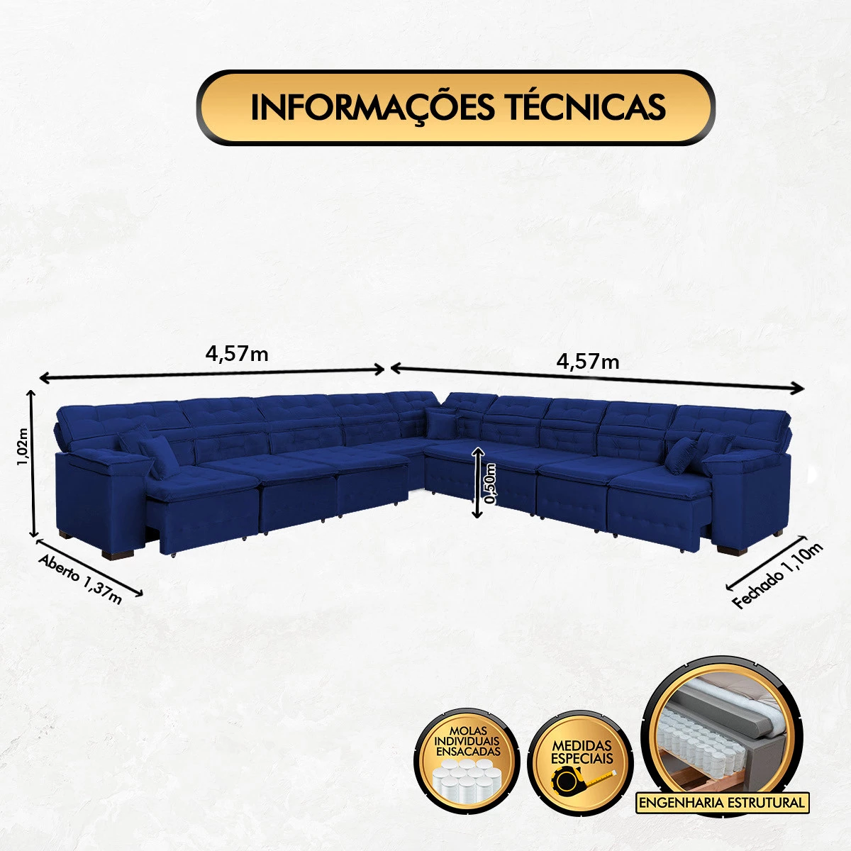 Sofá Magno 4,57x4,57m de Canto, Retrátil e Reclinável - Azul