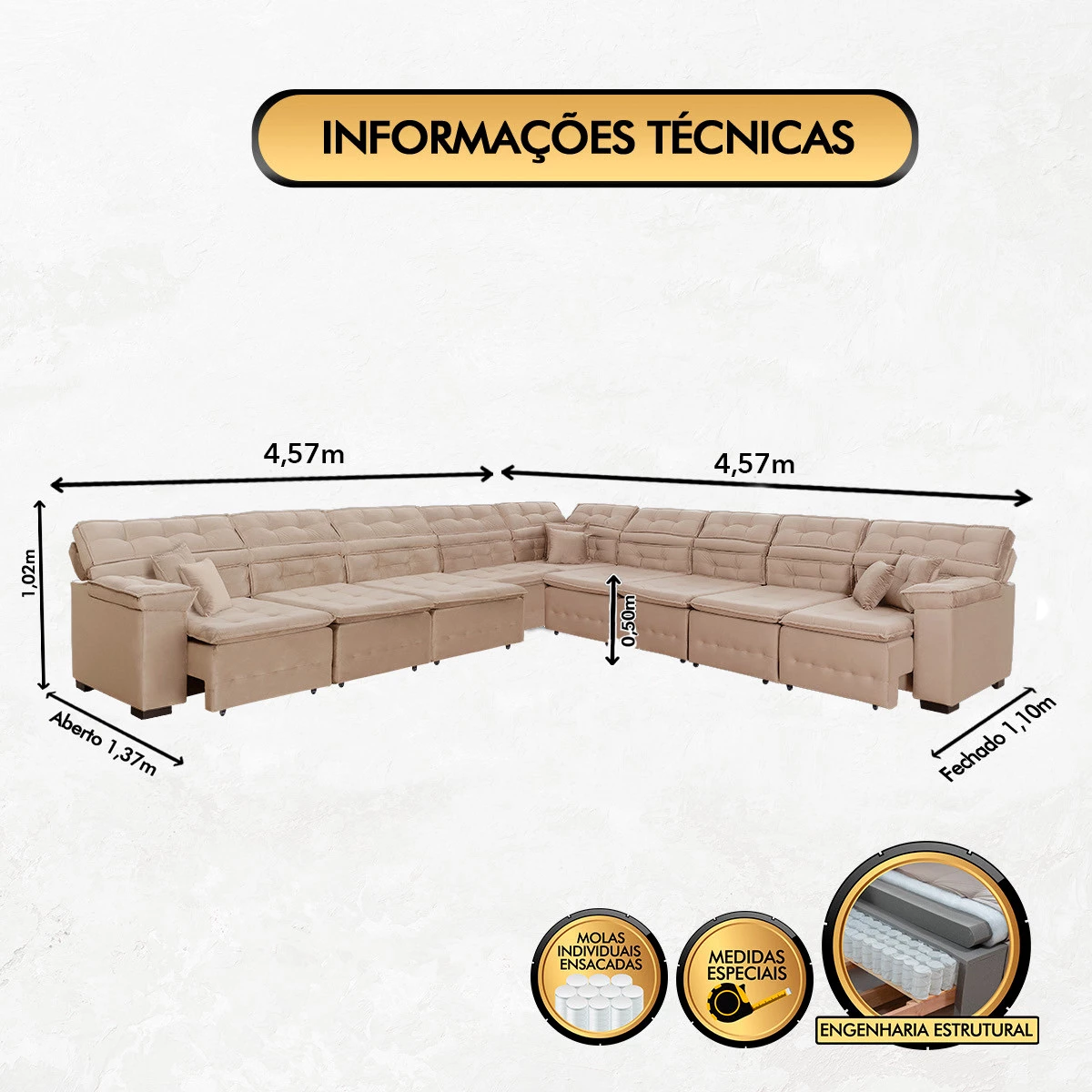 Sofá Magno 4,57x4,57m de Canto, Retrátil e Reclinável - Bege