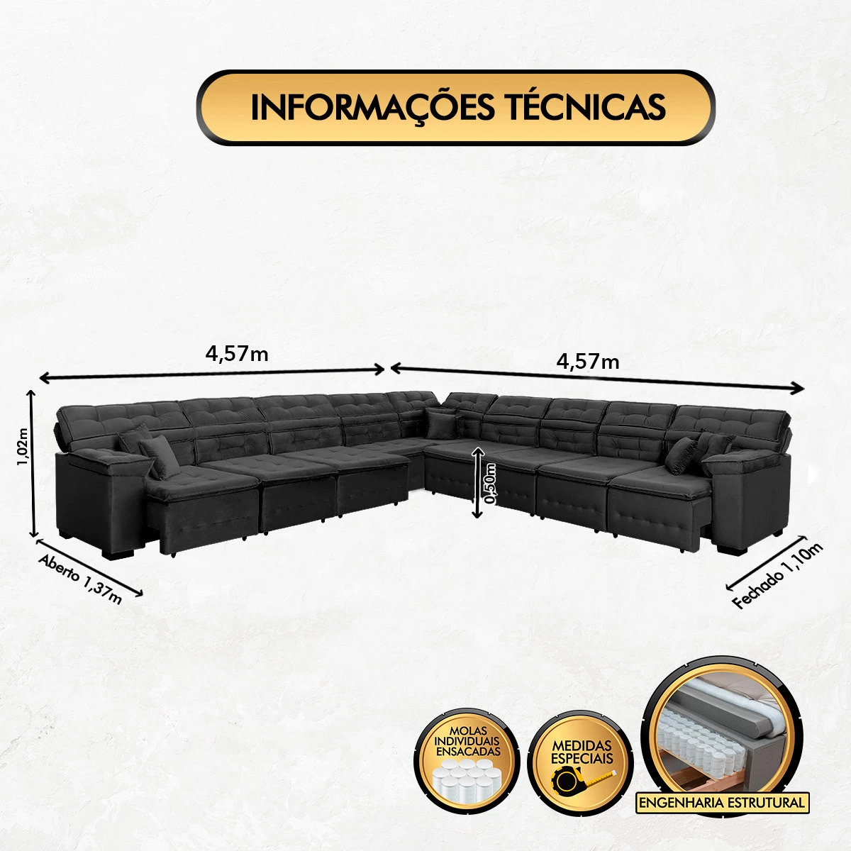 Sofá Magno 4,57x4,57m de Canto, Retrátil e Reclinável - Preto