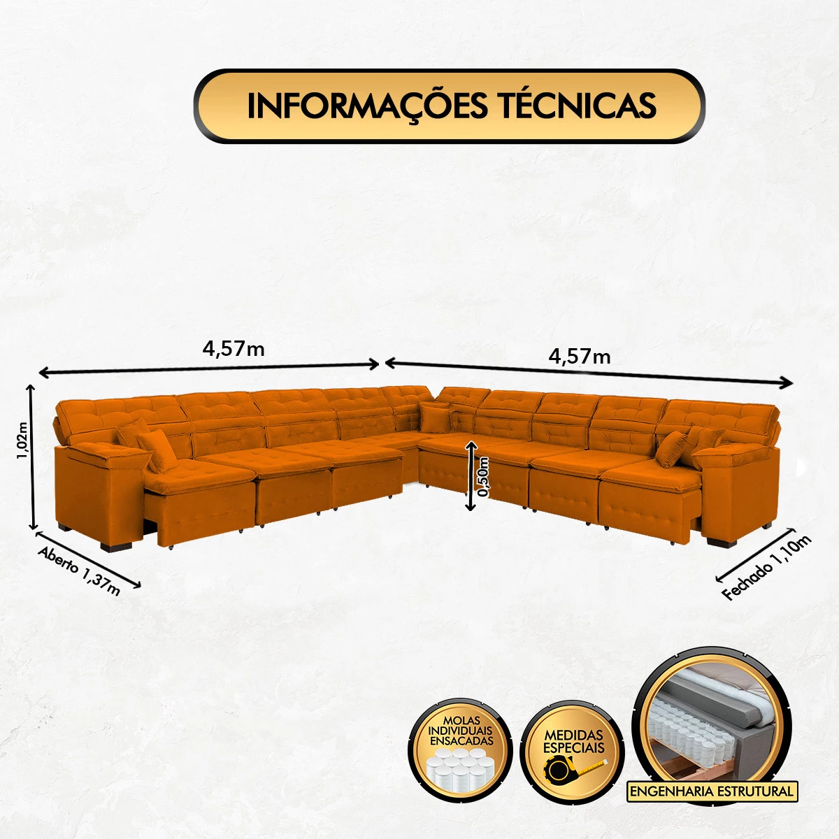 Sofá Magno 4,57x4,57m de Canto, Retrátil e Reclinável - Terra