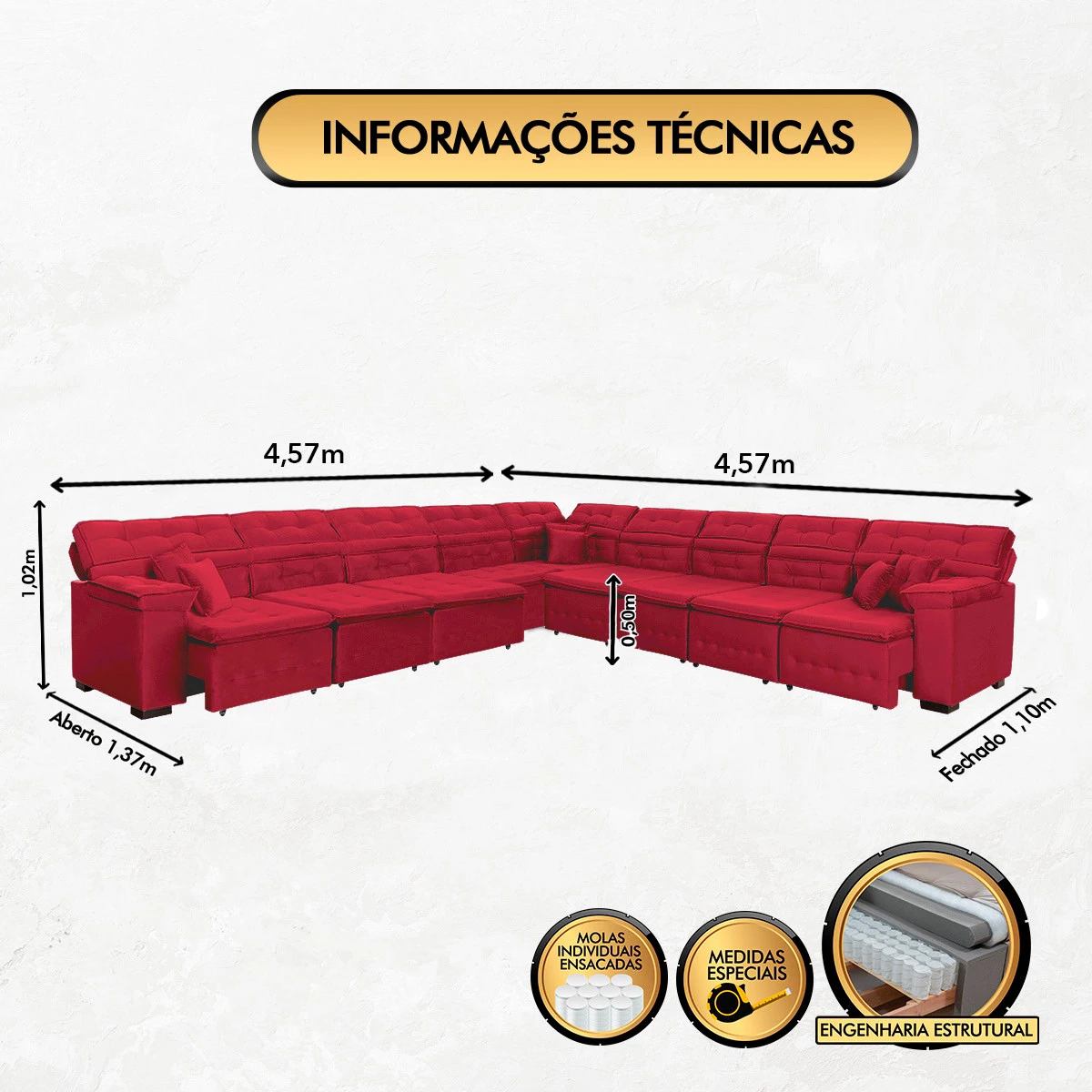 Sofá Magno 4,57x4,57m de Canto, Retrátil e Reclinável - Vermelho