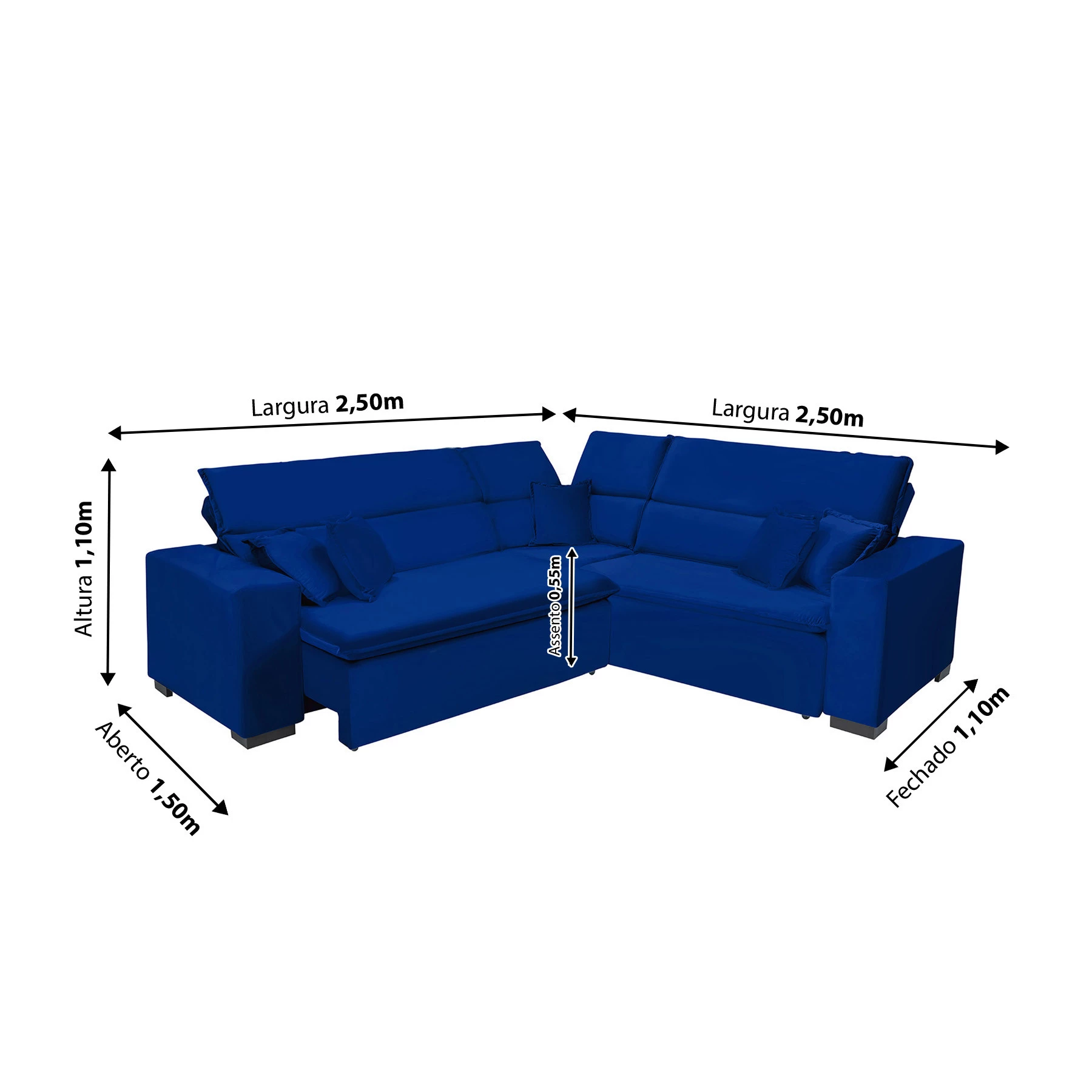 Sofá Milão 2,50x2,50m de Canto, Retrátil e Reclinável - Azul