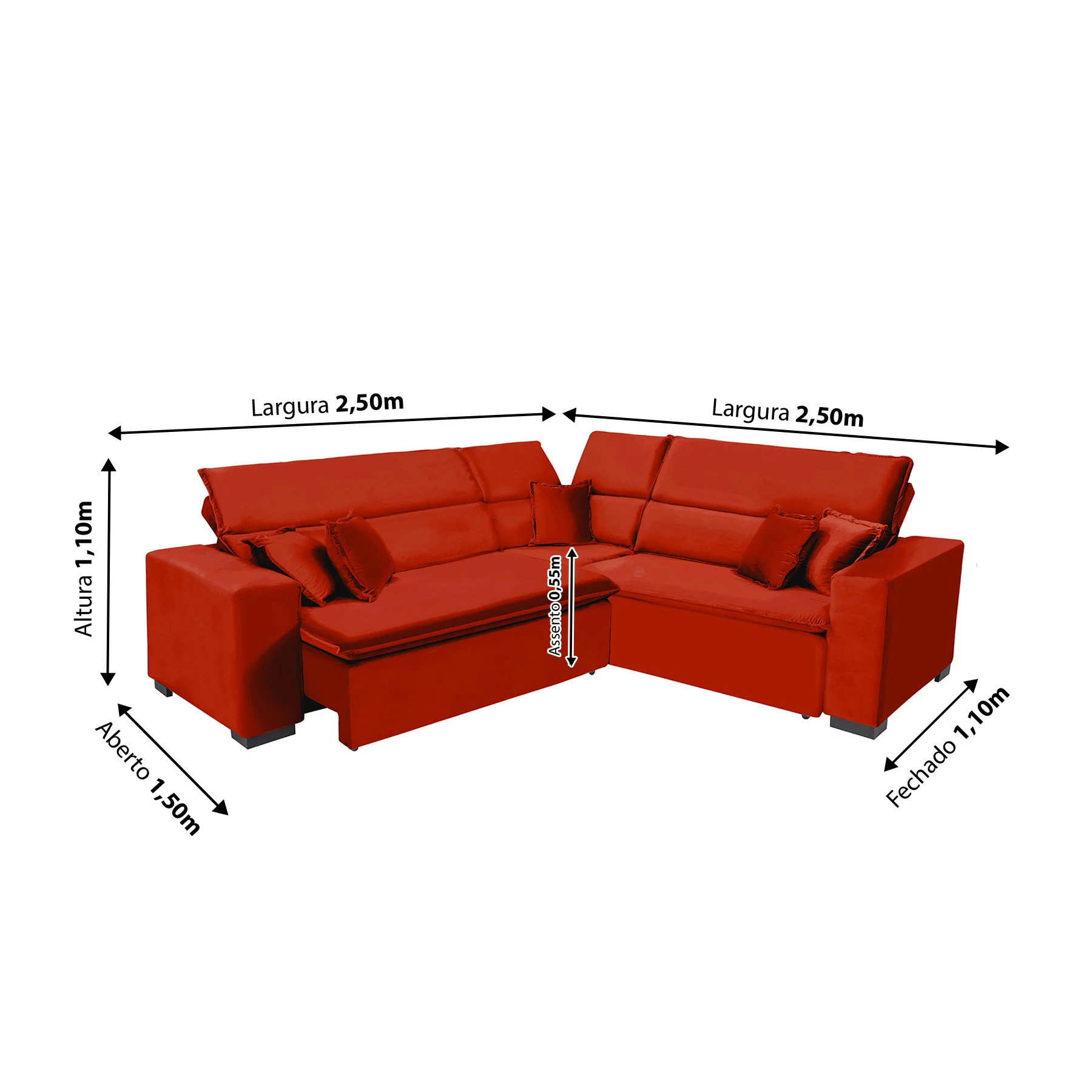 Sofá Milão 2,50x2,50m de Canto, Retrátil e Reclinável - Vermelho