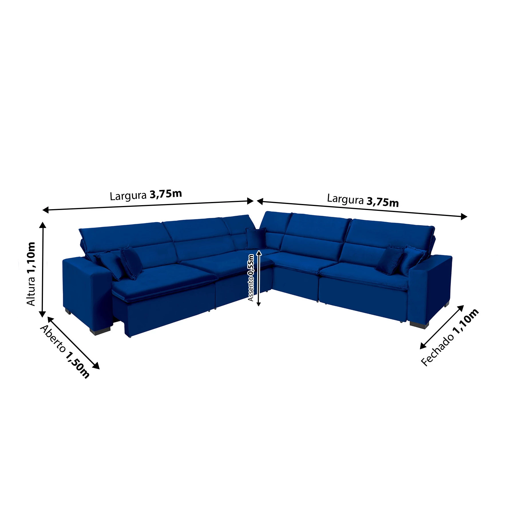 Sofá Milão 3,75x3,75m de Canto, Retrátil e Reclinável - Azul