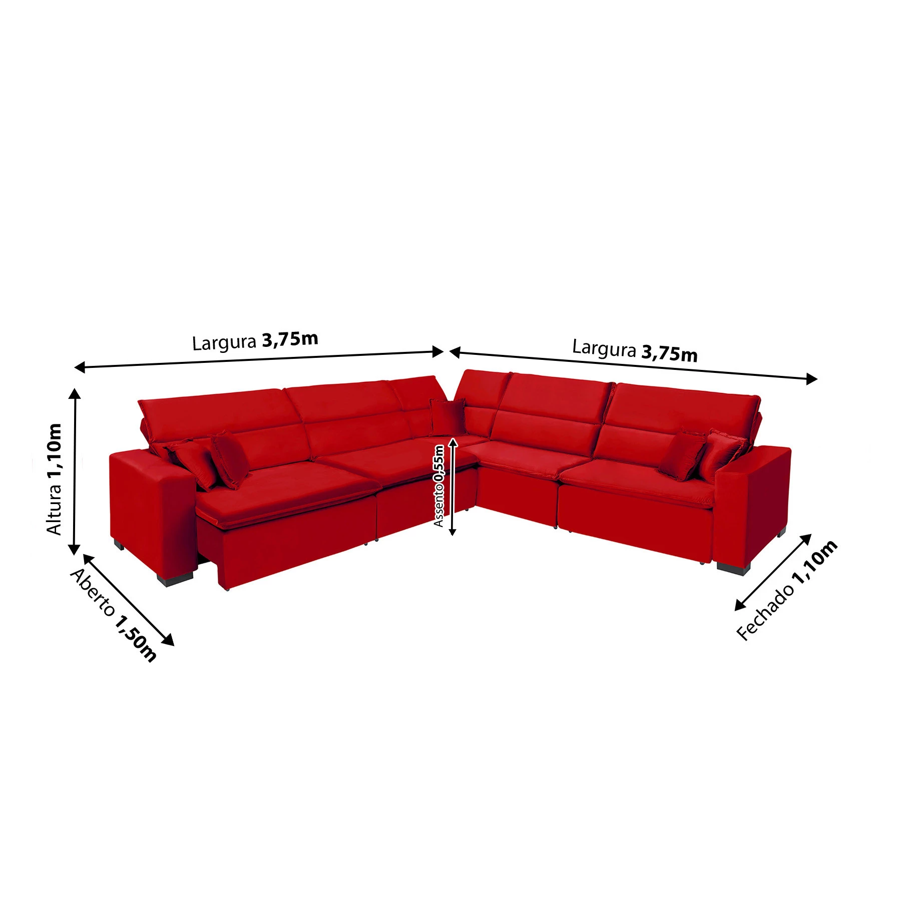 Sofá Milão 3,75x3,75m de Canto, Retrátil e Reclinável - Vermelho