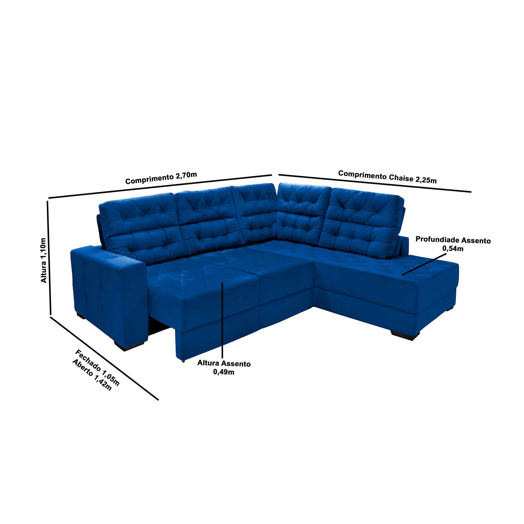 Sofá de Canto Retrátil e Reclinável Santorini 2,70x2,25m - Azul
