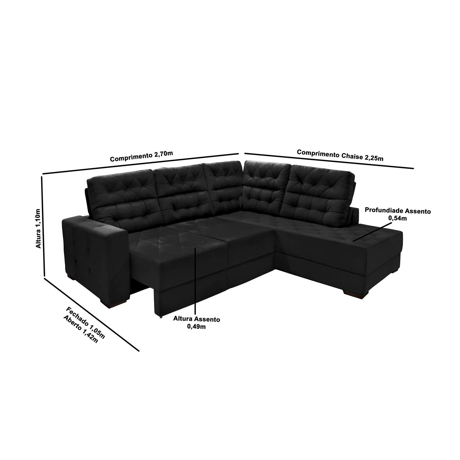 Sofá de Canto Retrátil e Reclinável Santorini 2,70x2,25m - Preto 