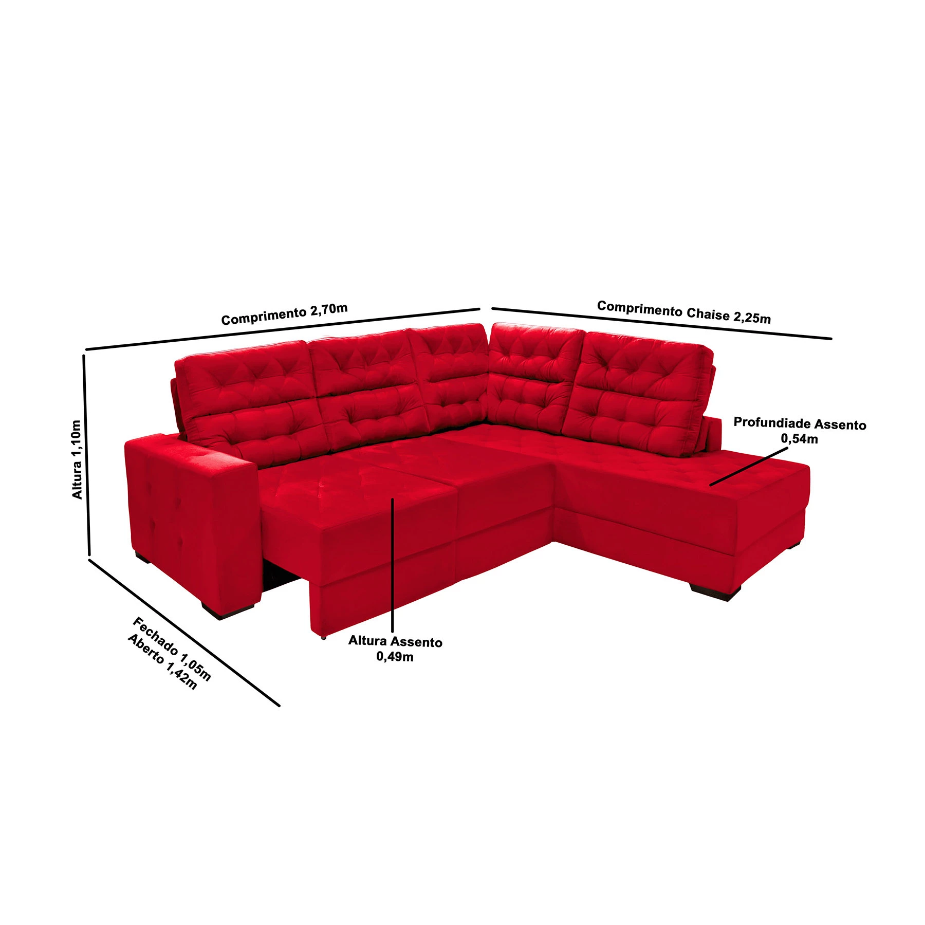 Sofá de Canto Retrátil e Reclinável Santorini 2,70x2,25m - Vermelho 