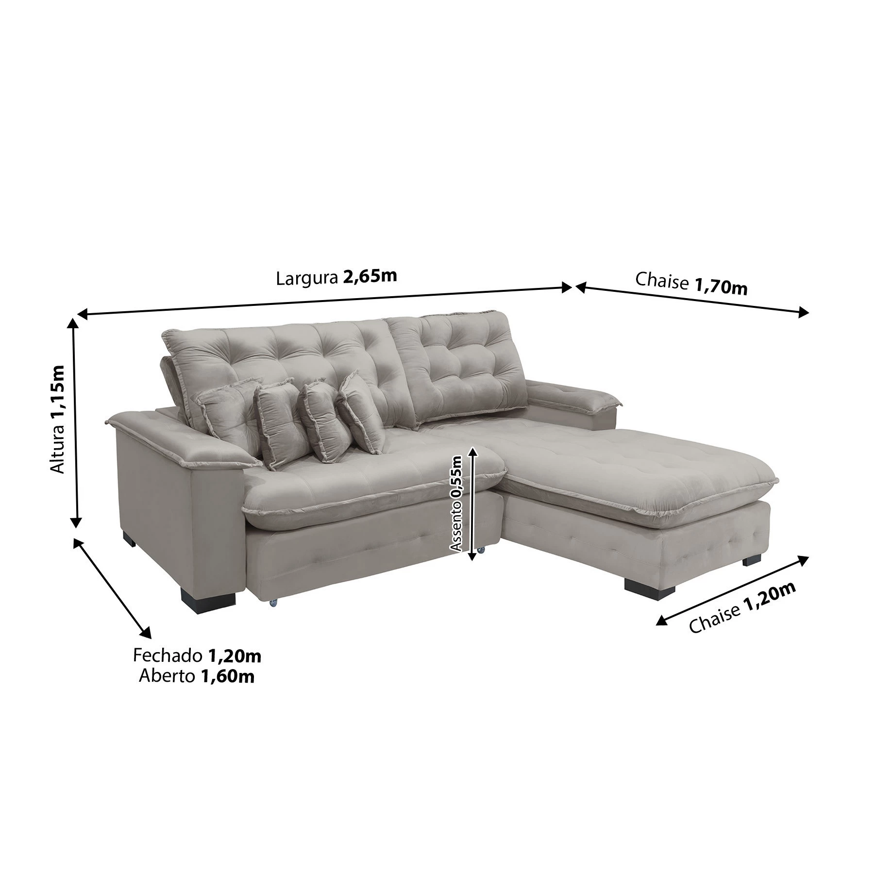 Sofá Berlin 2,65x1,70m com Chaise Super Pillow Top - Avelã