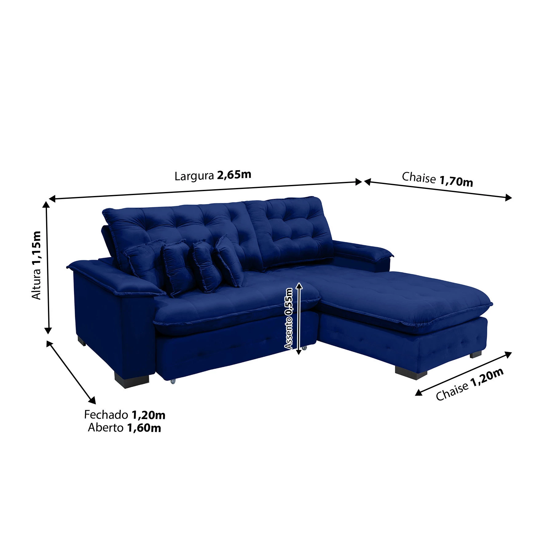 Sofá Berlin 2,65x1,70m com Chaise Super Pillow Top - Azul