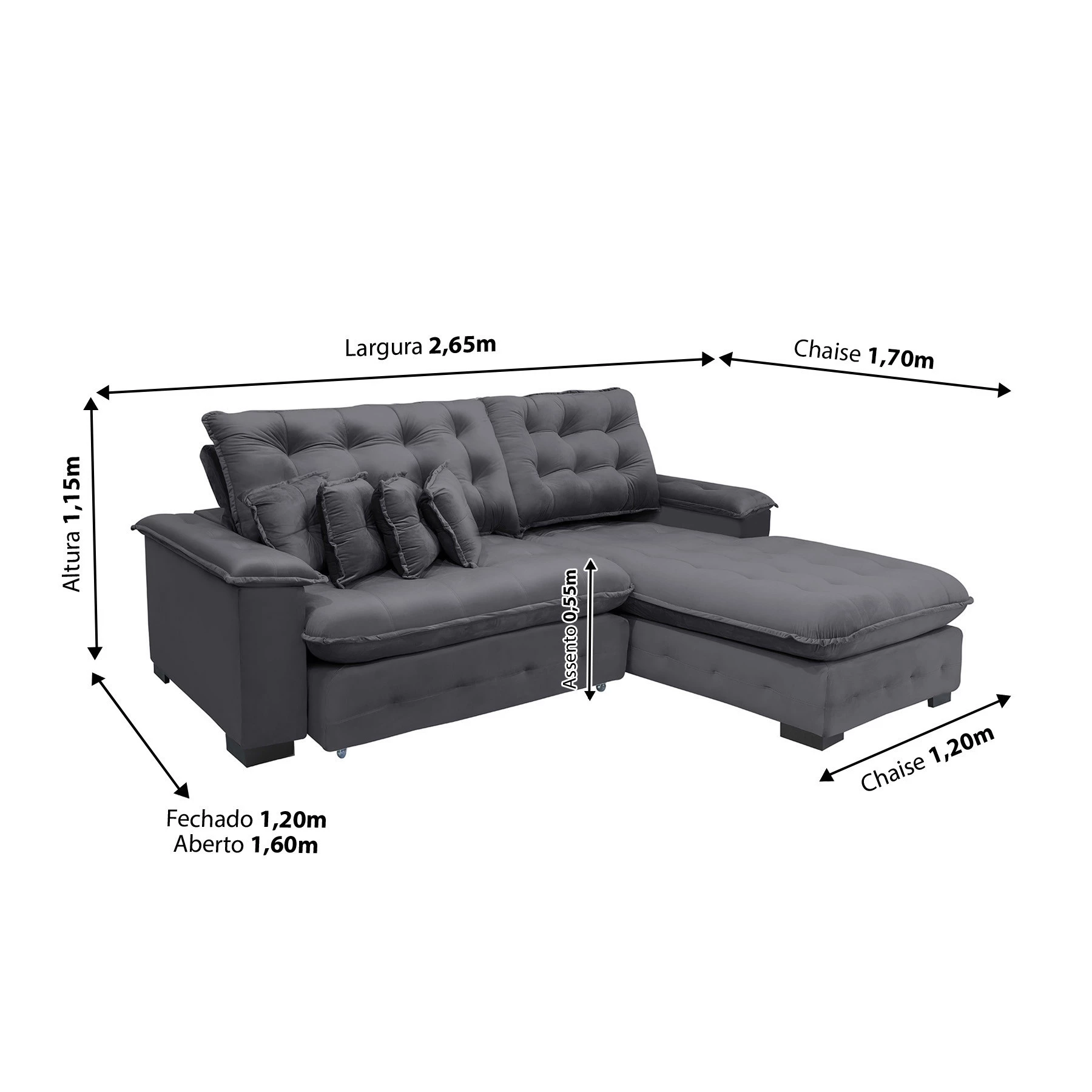 Sofá Berlin 2,65x1,70m com Chaise Super Pillow Top - Chumbo