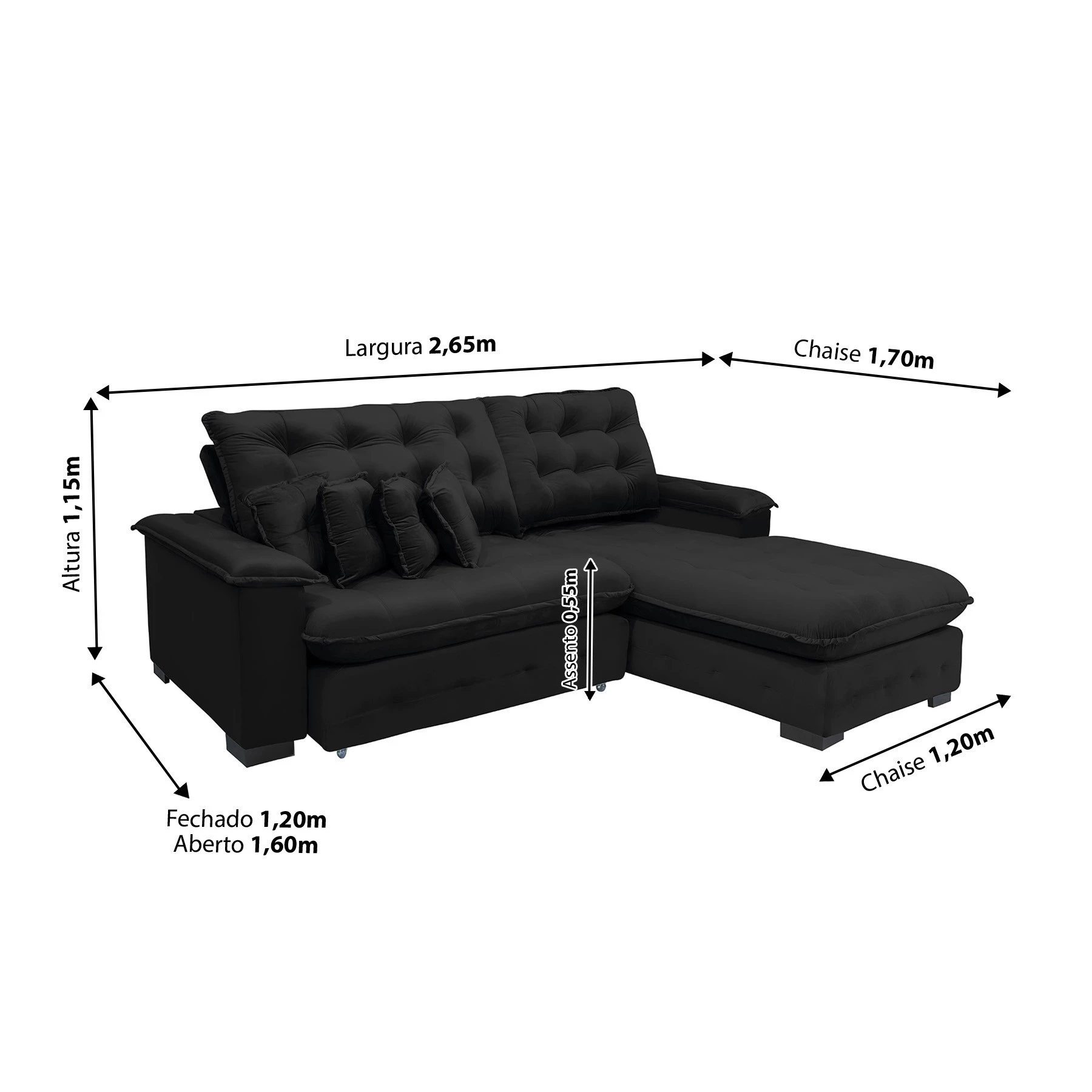 Sofá Berlin 2,65x1,70m com Chaise Super Pillow Top - Preto