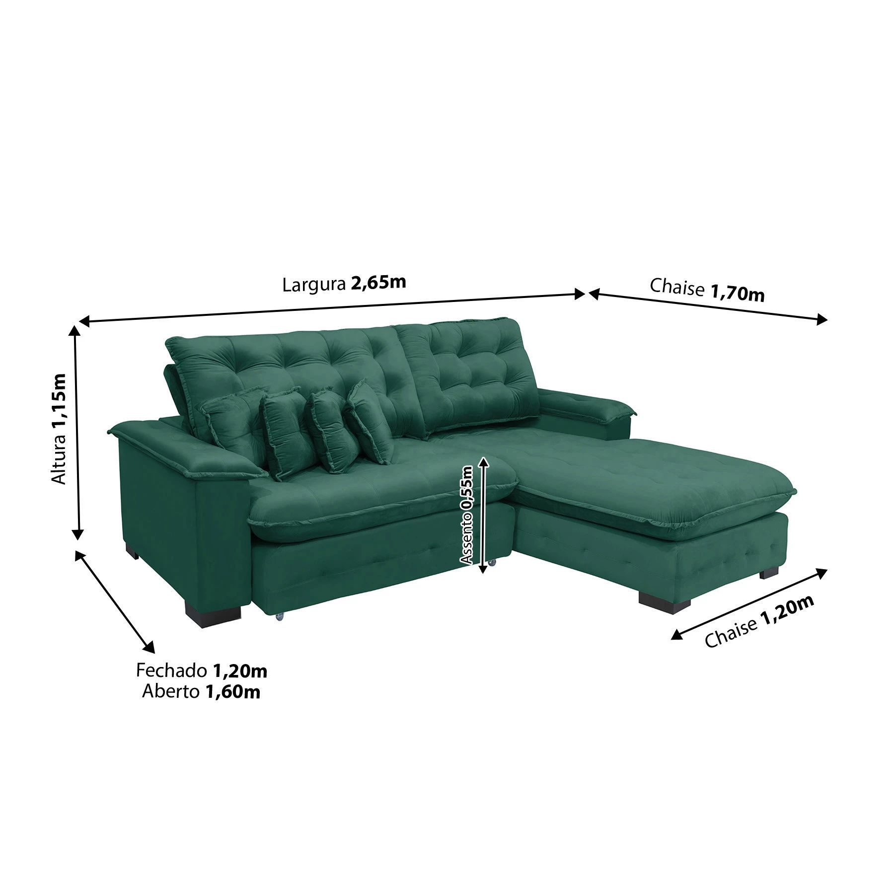 Sofá Berlin 2,65x1,70m com Chaise Super Pillow Top - Verde